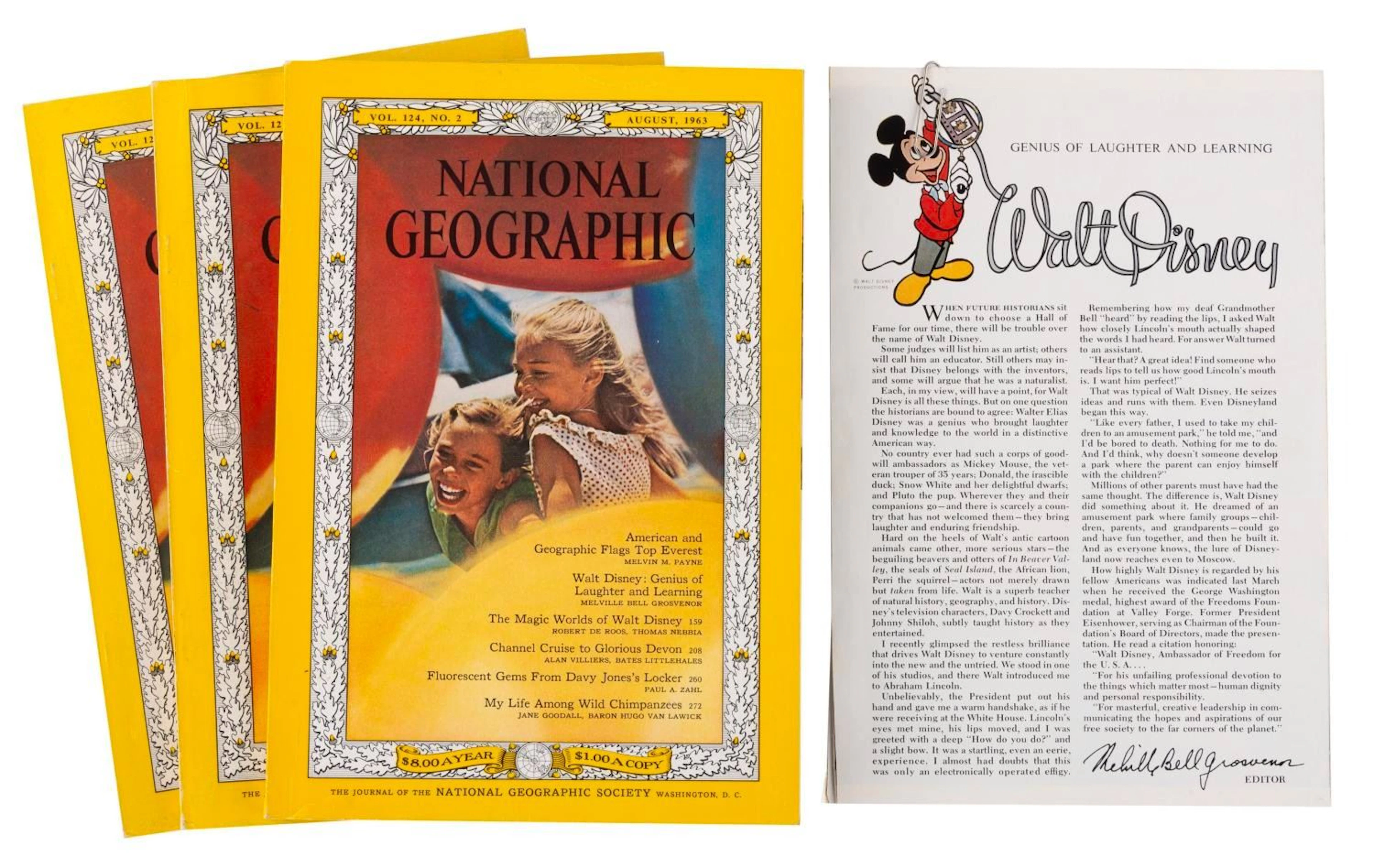 A Trio of August 1963 National Geographic Magazines with Walt Disney Article.
