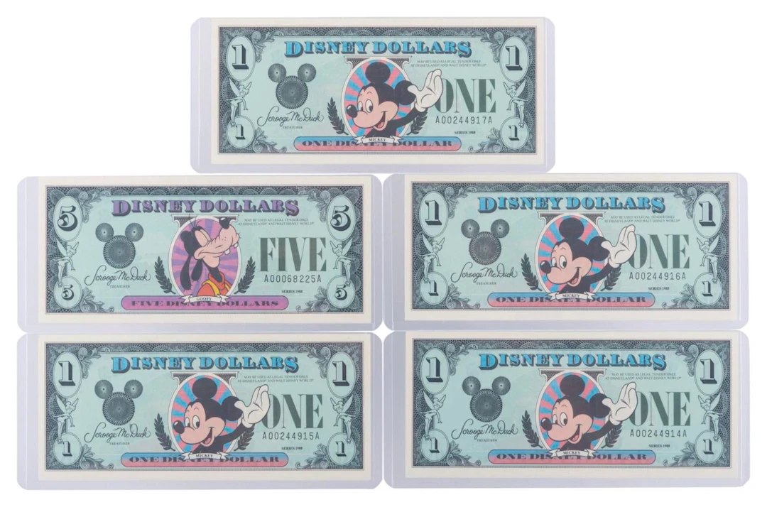 The Disneyland 1988 AA Series $1 and $5 Bills.
