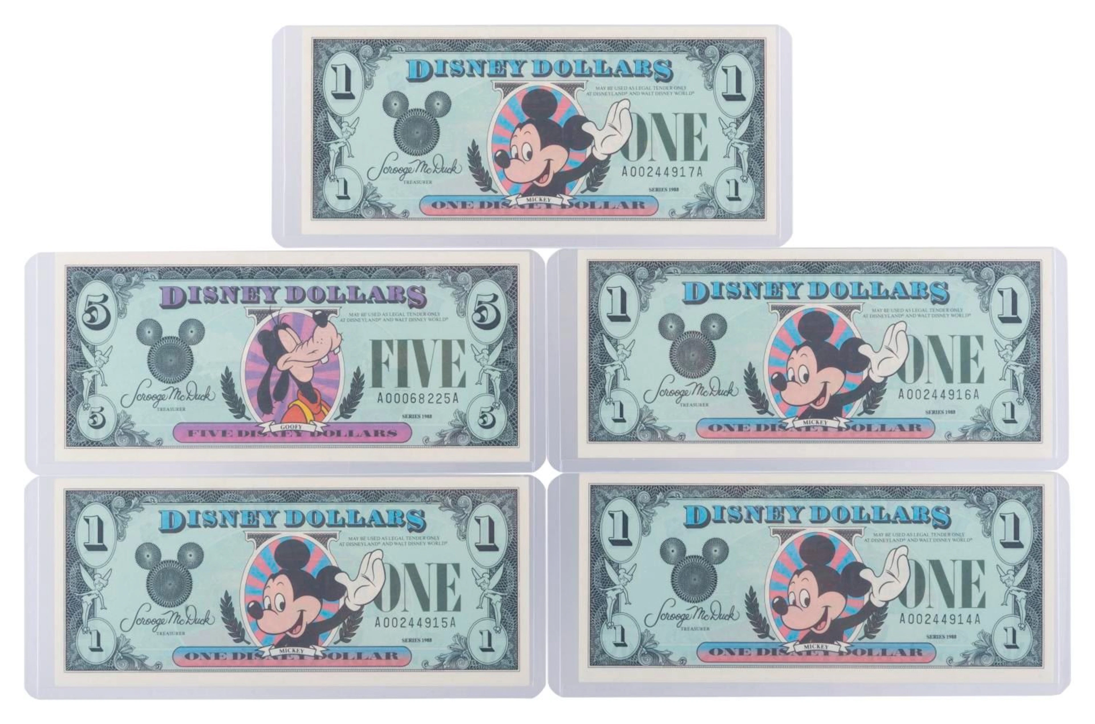 The Disneyland 1988 AA Series $1 and $5 Bills.