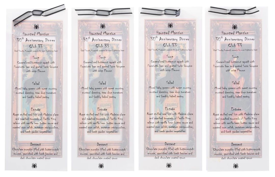 A Collection of Club 33 Haunted Mansion 30th Anniversary Menus.