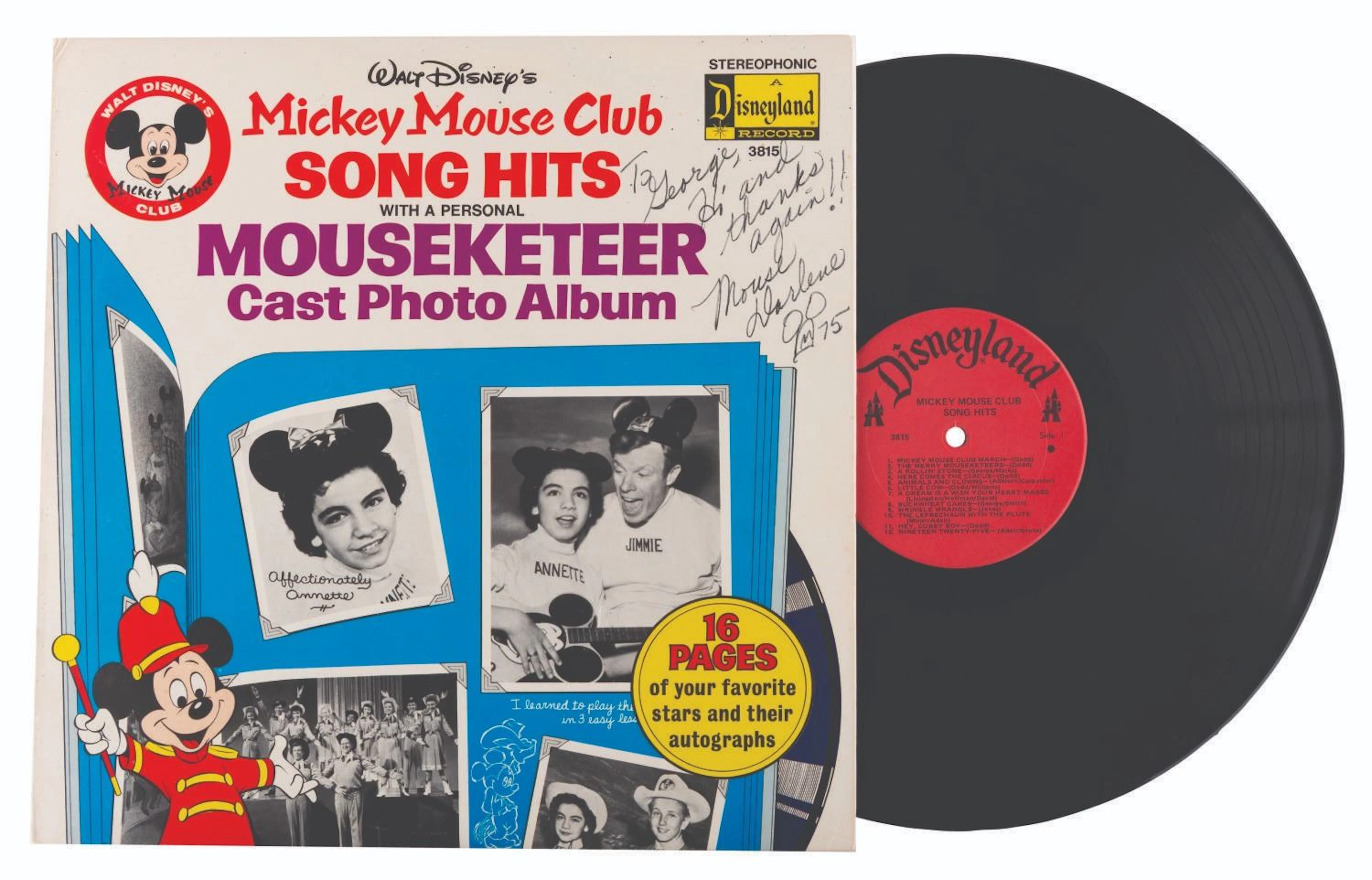 A Signed “Mickey Mouse Club Song Hits with Cast Photo Album” Record.