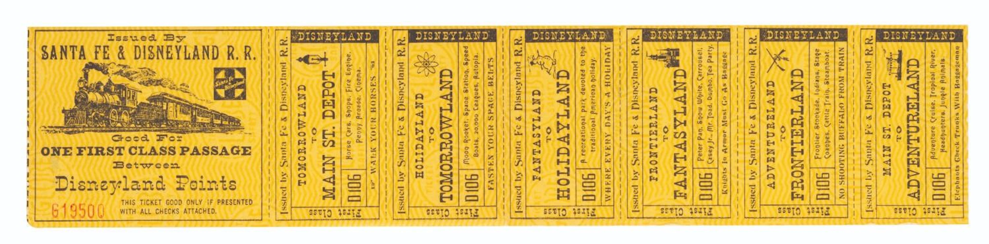 A Santa Fe & Disneyland R.R. First Class Ticket Strip.