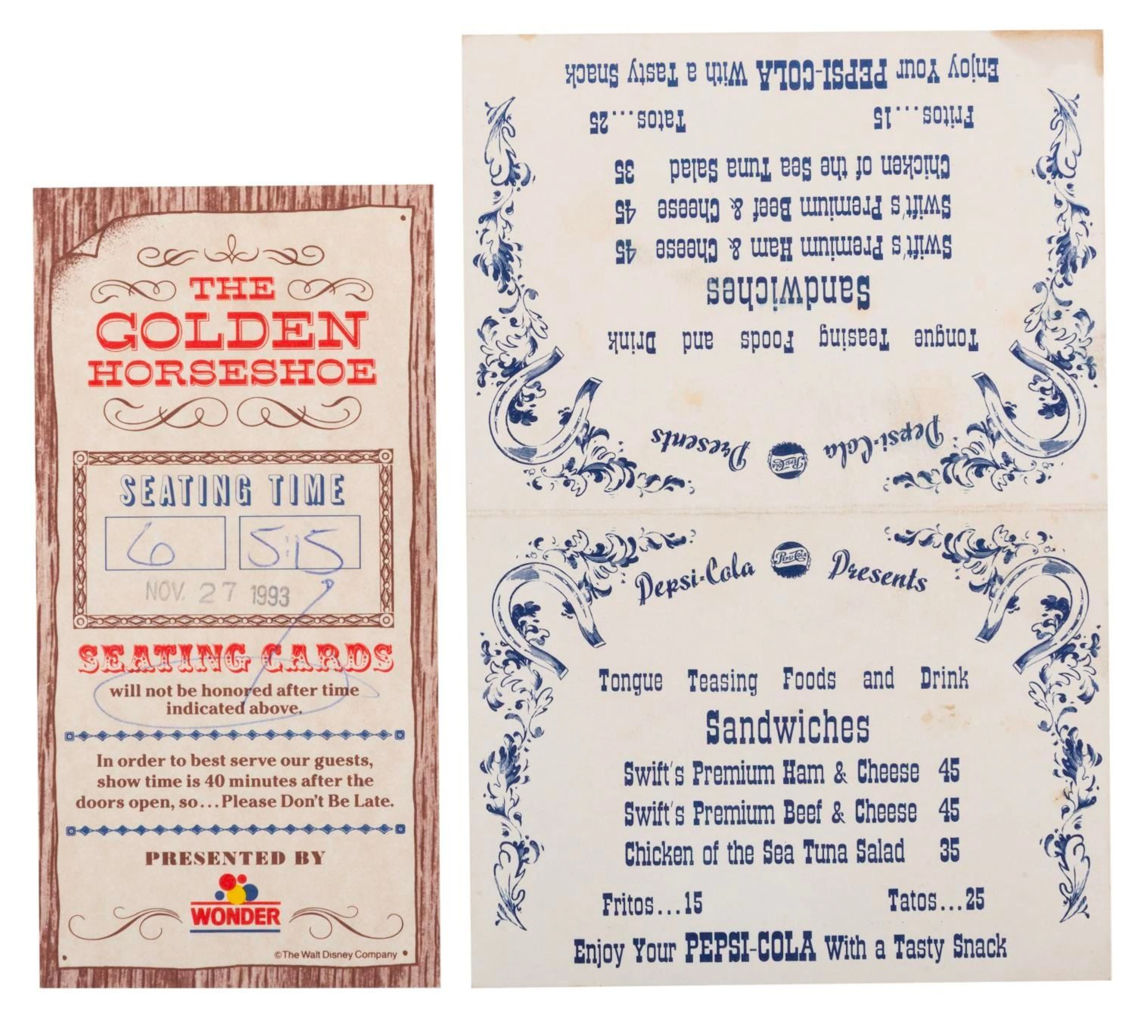 A Golden Horseshoe Seating Card and Menu.