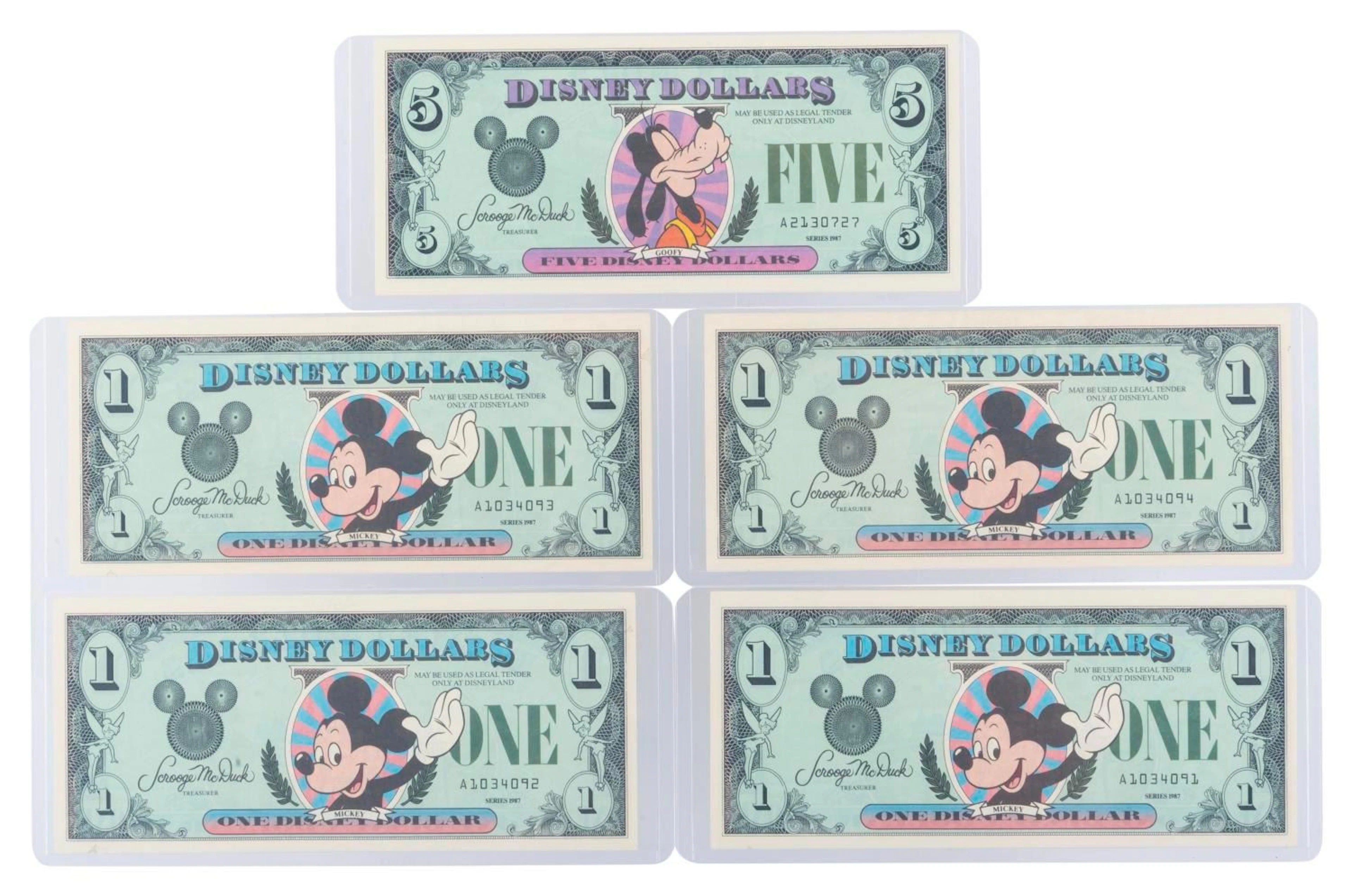 The First Disneyland 1987 Series A $1 and $5 Bills