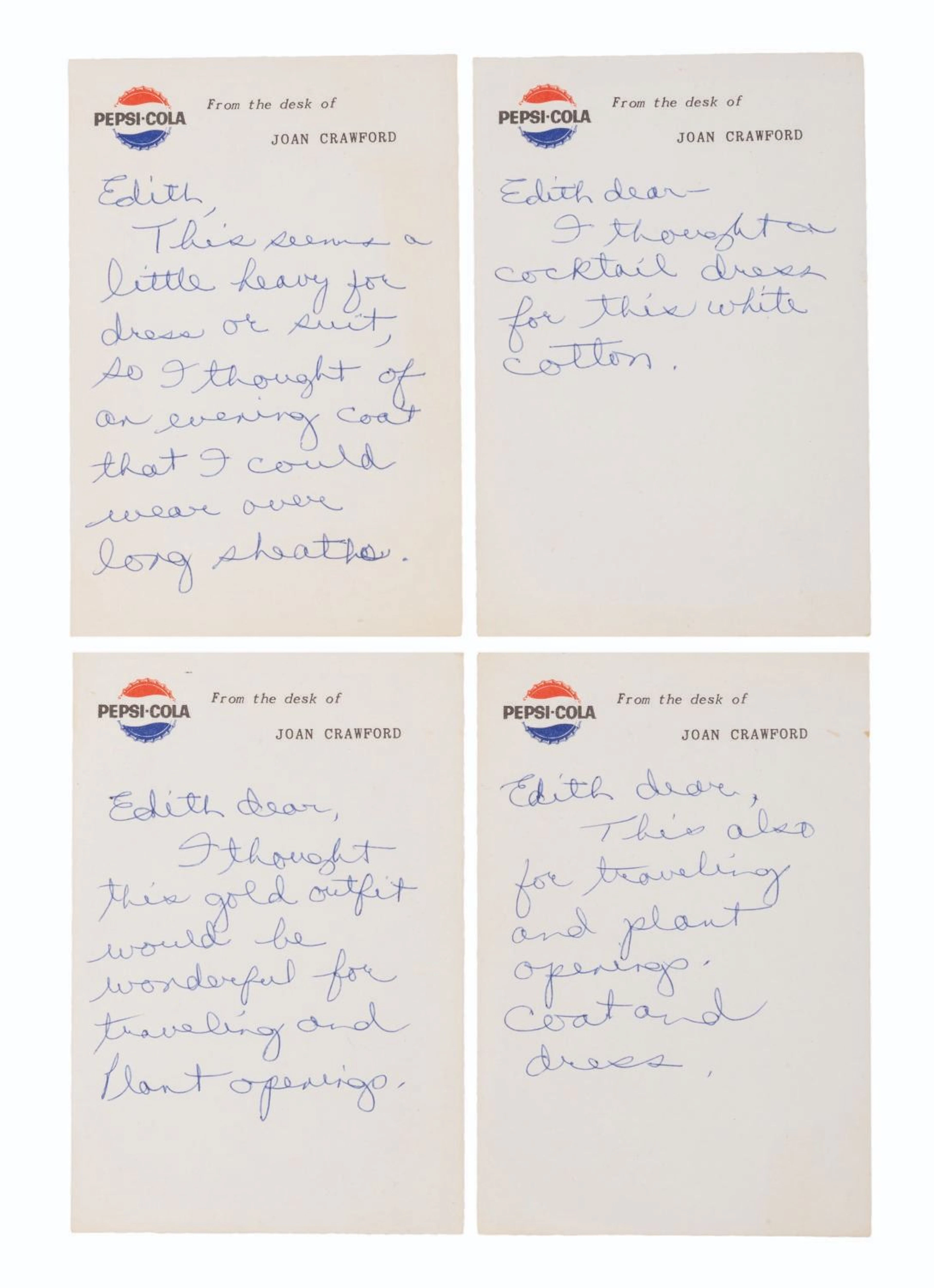 Joan Crawford's Notes to Edith Head.