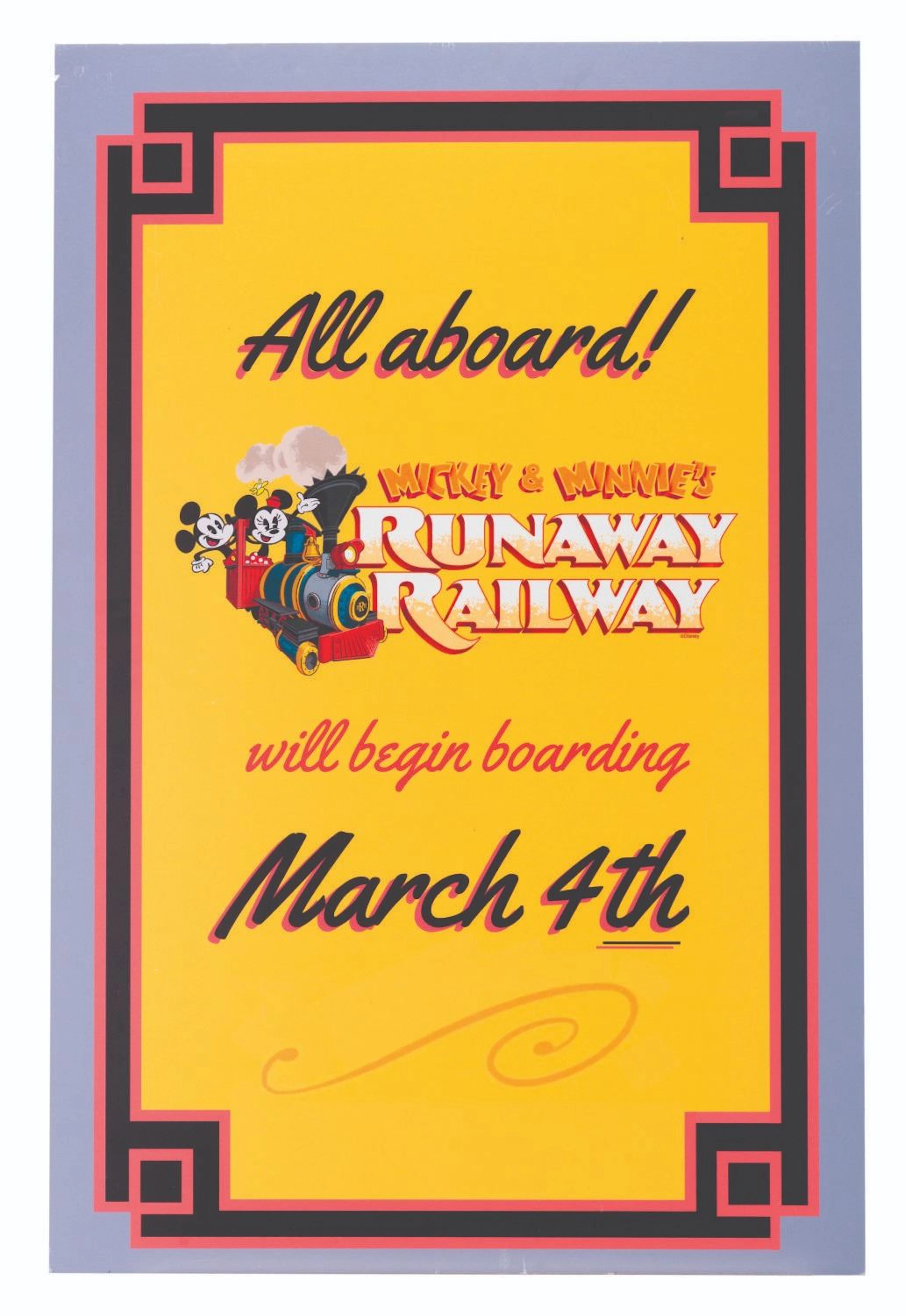 A Mickey & Minnie's Runaway Railway Coming Soon Sign.