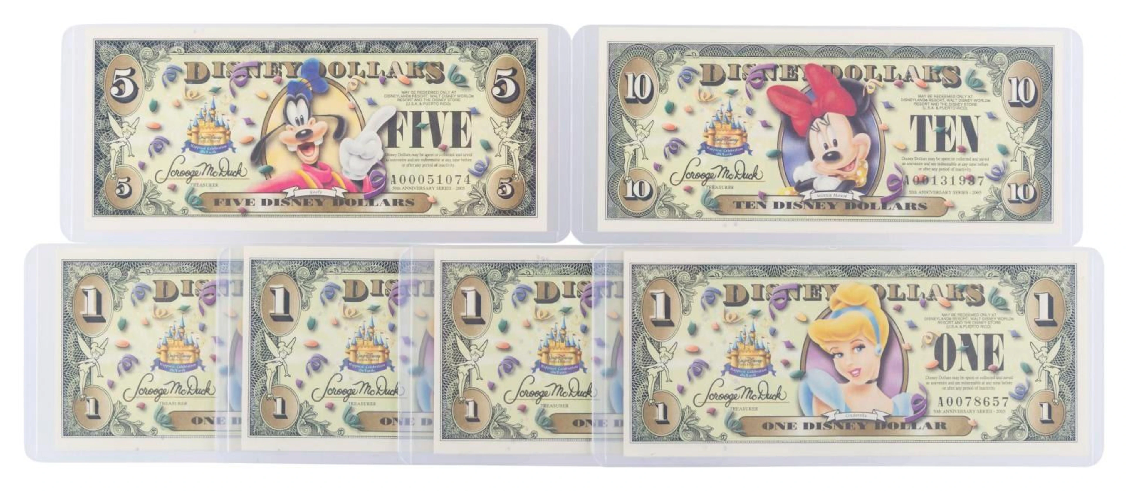 The Disneyland 2005 A Second Series $1, $5, and $10 Bills.