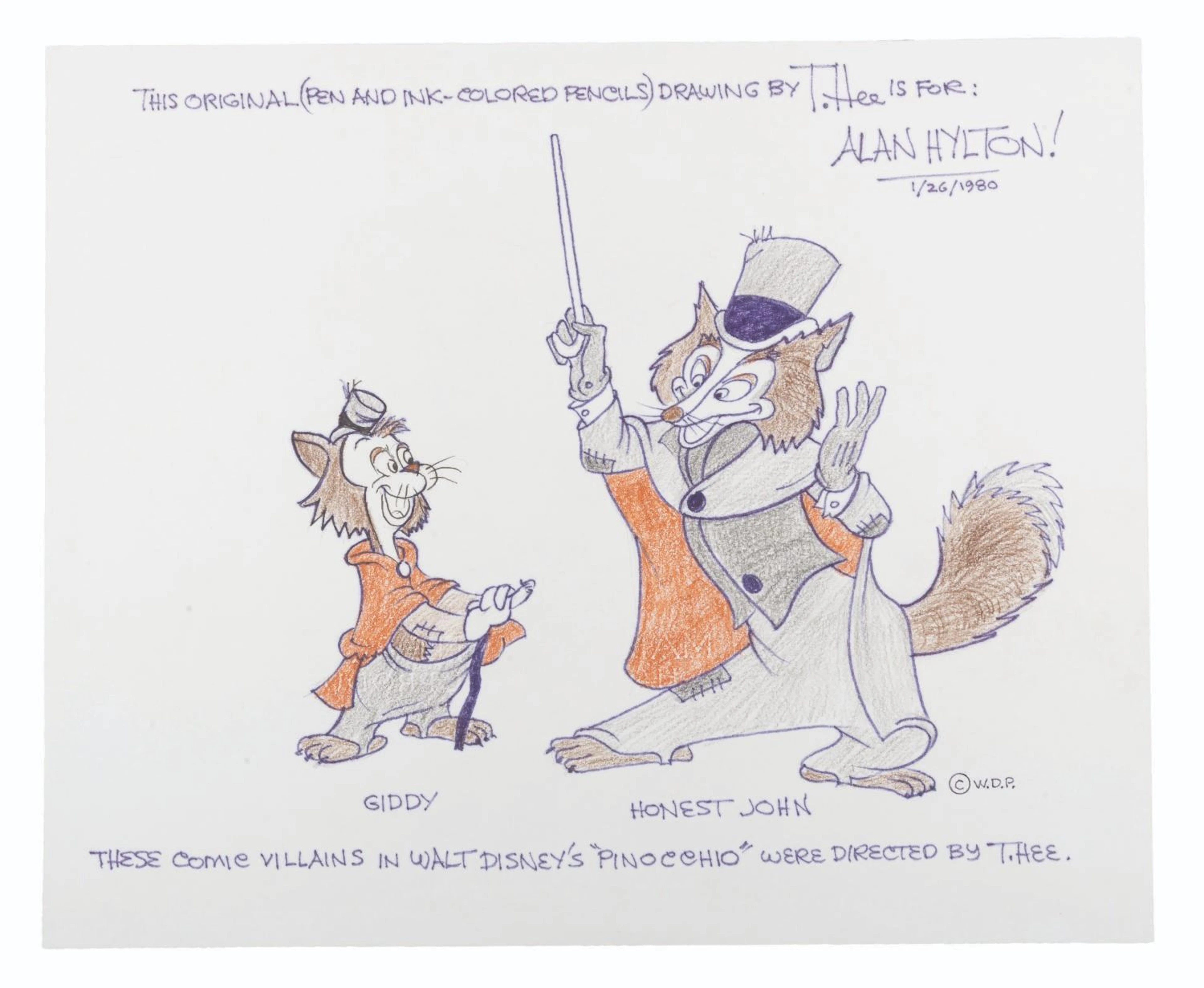A T. Hee Drawing of “Pinocchio”’ Villains Honest John & Gideon.