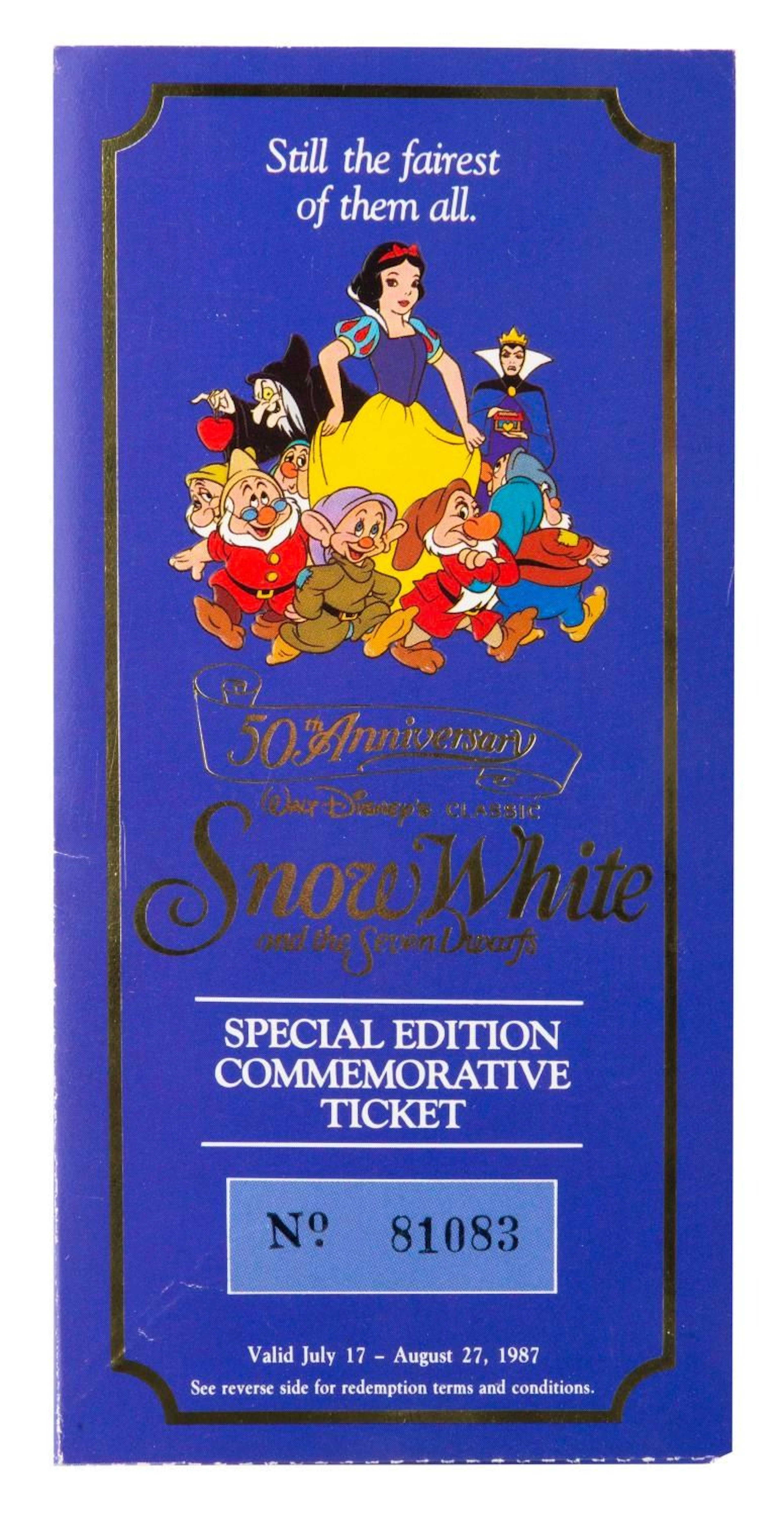 A "Snow White and the Seven Dwarfs" 50th Anniversary Ticket and Coin.