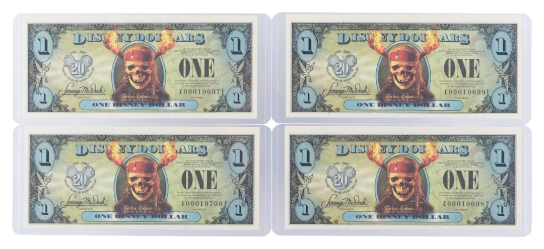 The 2007 Disney Dollars 20th Anniversary Flying Dutchman Series $1 Bills.