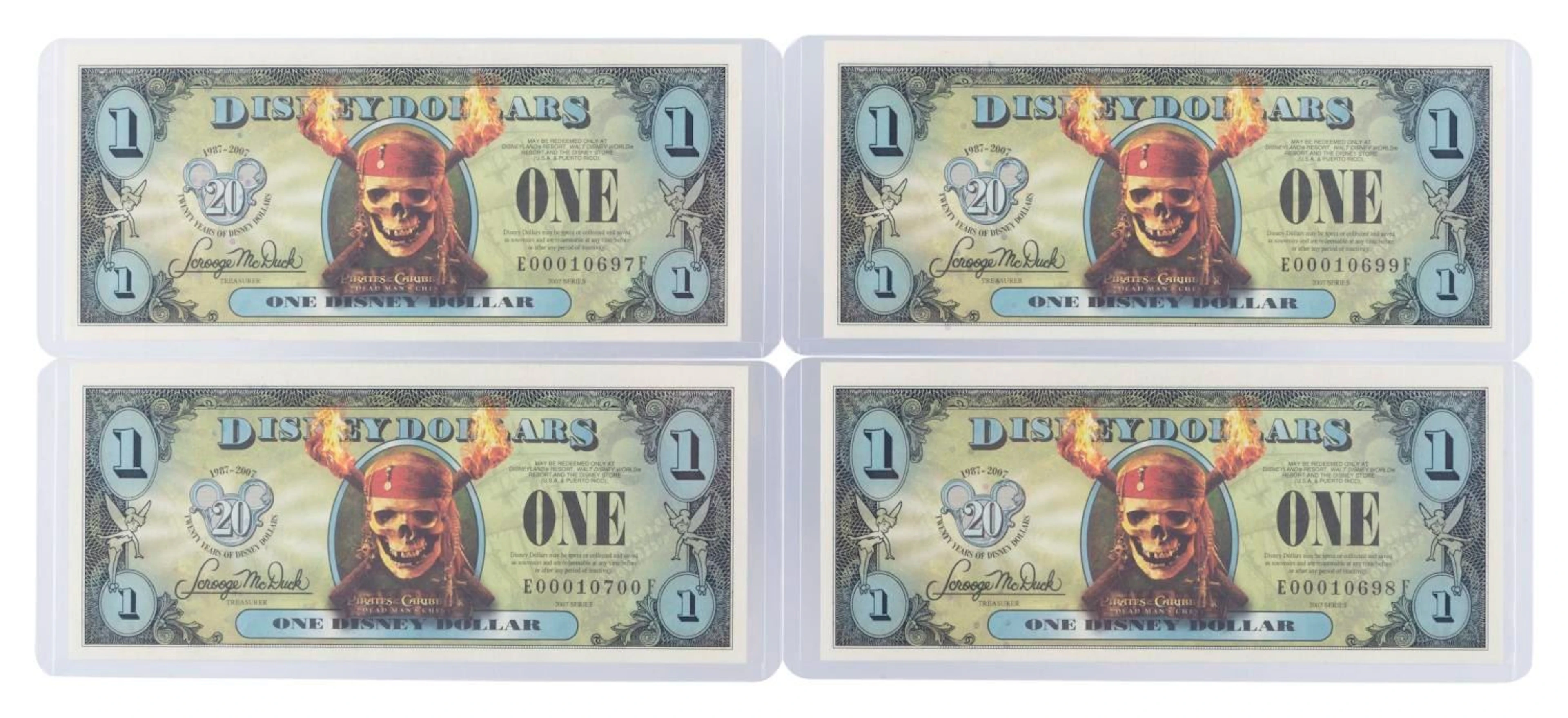 The 2007 Disney Dollars 20th Anniversary Flying Dutchman Series $1 Bills.