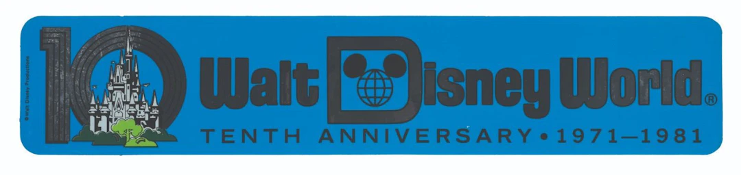 A Walt Disney World 10th Anniversary Bumper Sticker.