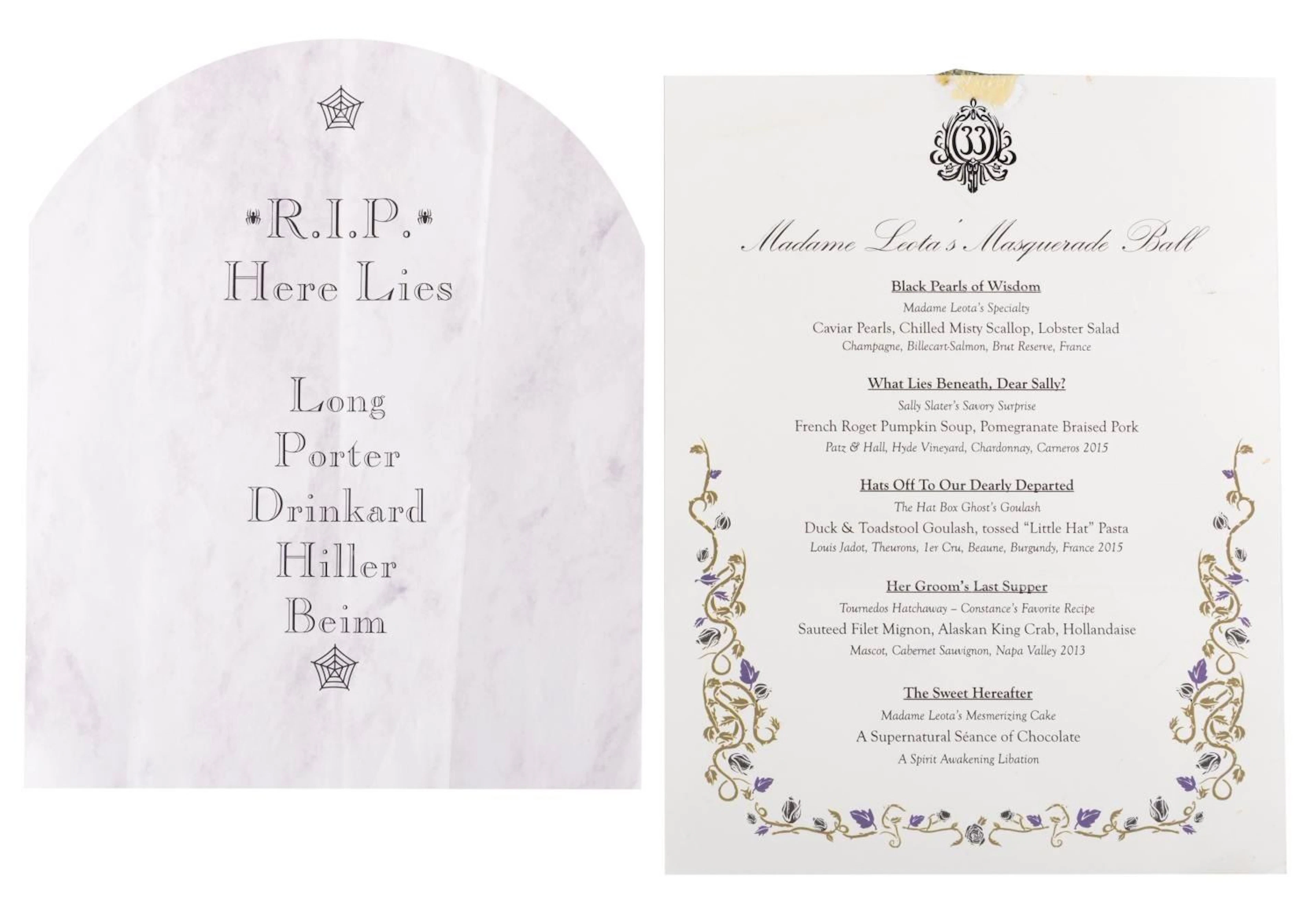 A Club 33 Madame Leota's Masquerade Ball Menu & Seat Chart.