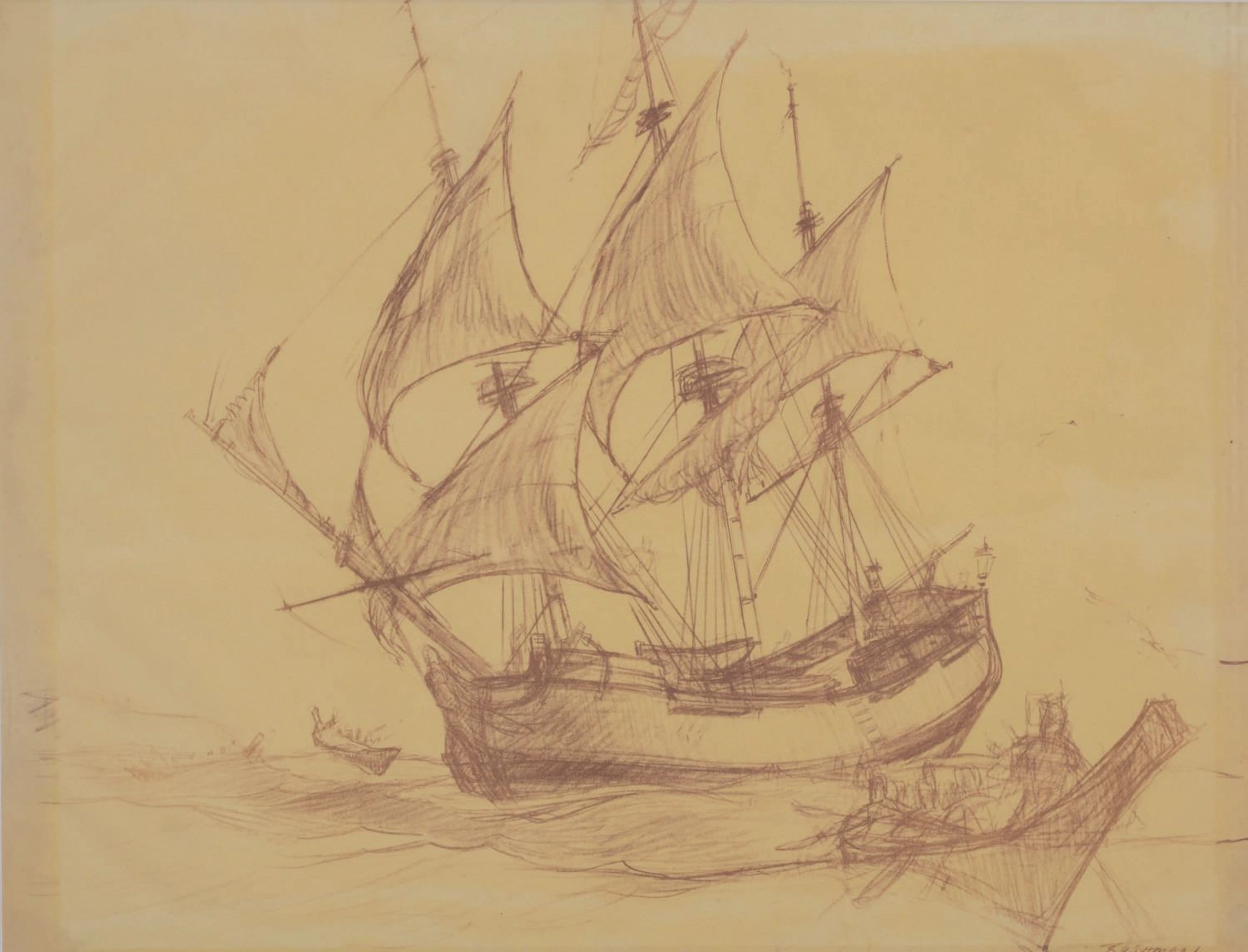 A Bruce Bushman Sailing Ship Brownline Concept Drawing.