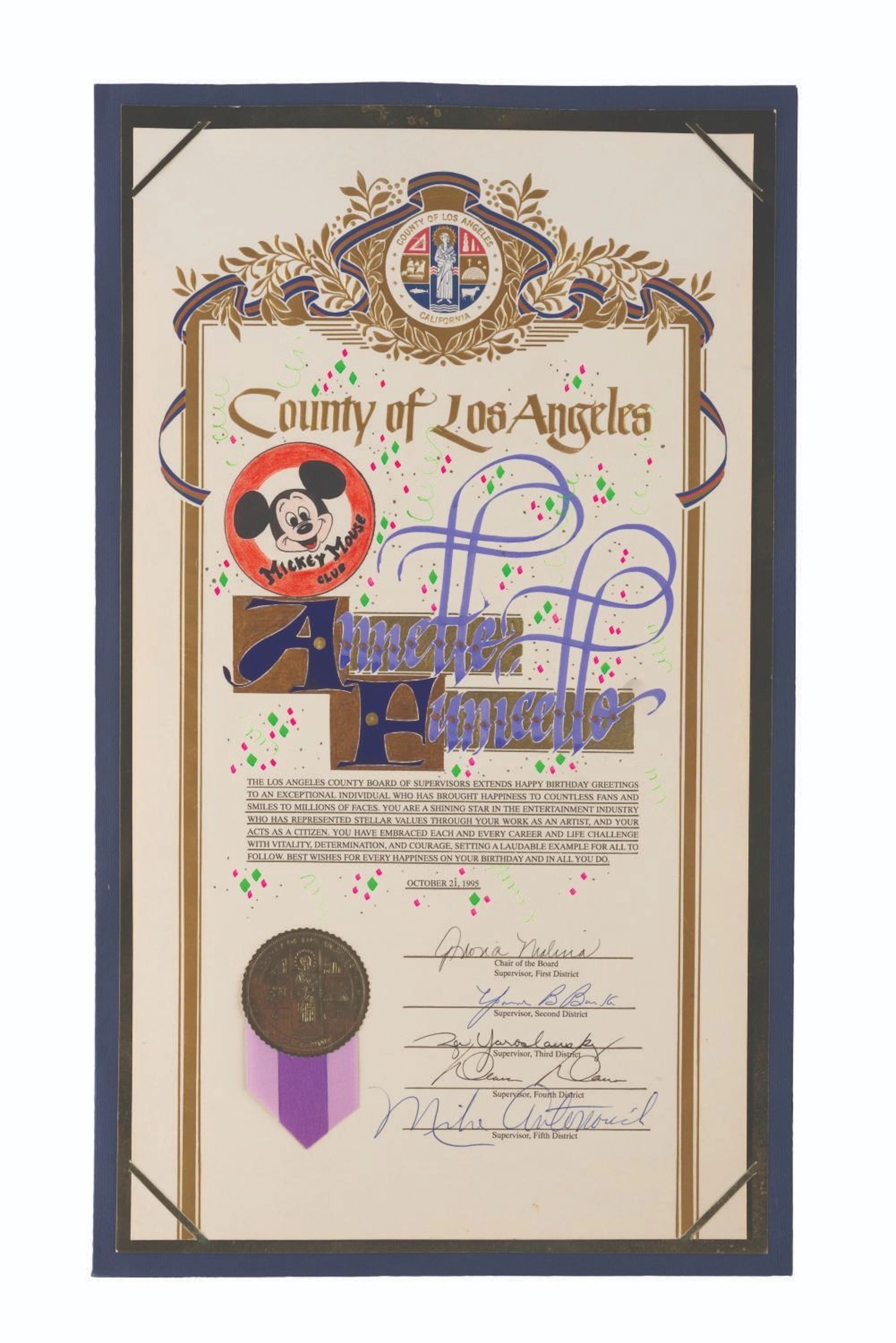 Annette Funicello's Birthday Greeting from Los Angeles County.