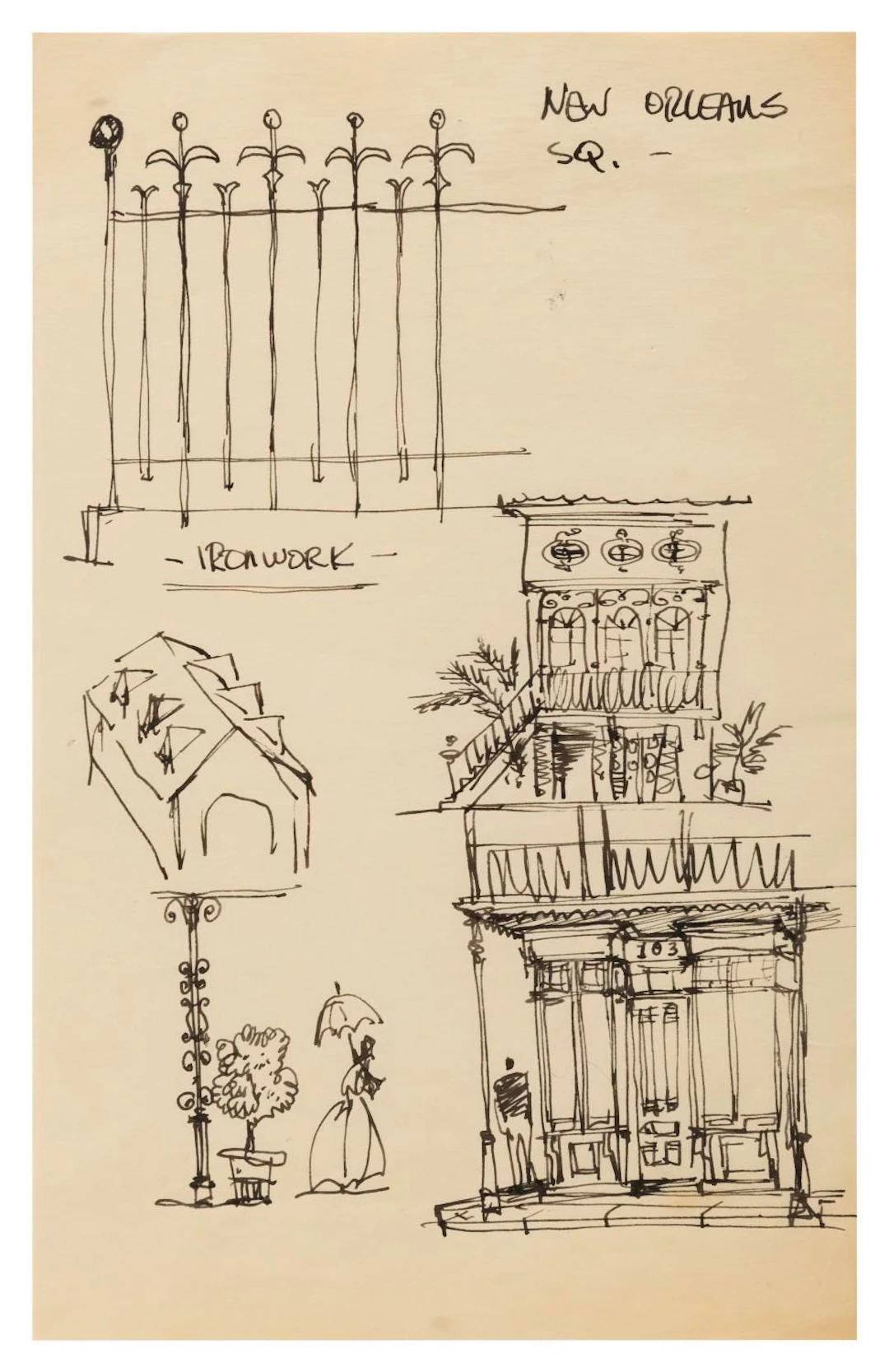 An Original New Orleans Square Concept Drawing by Bill Martin.