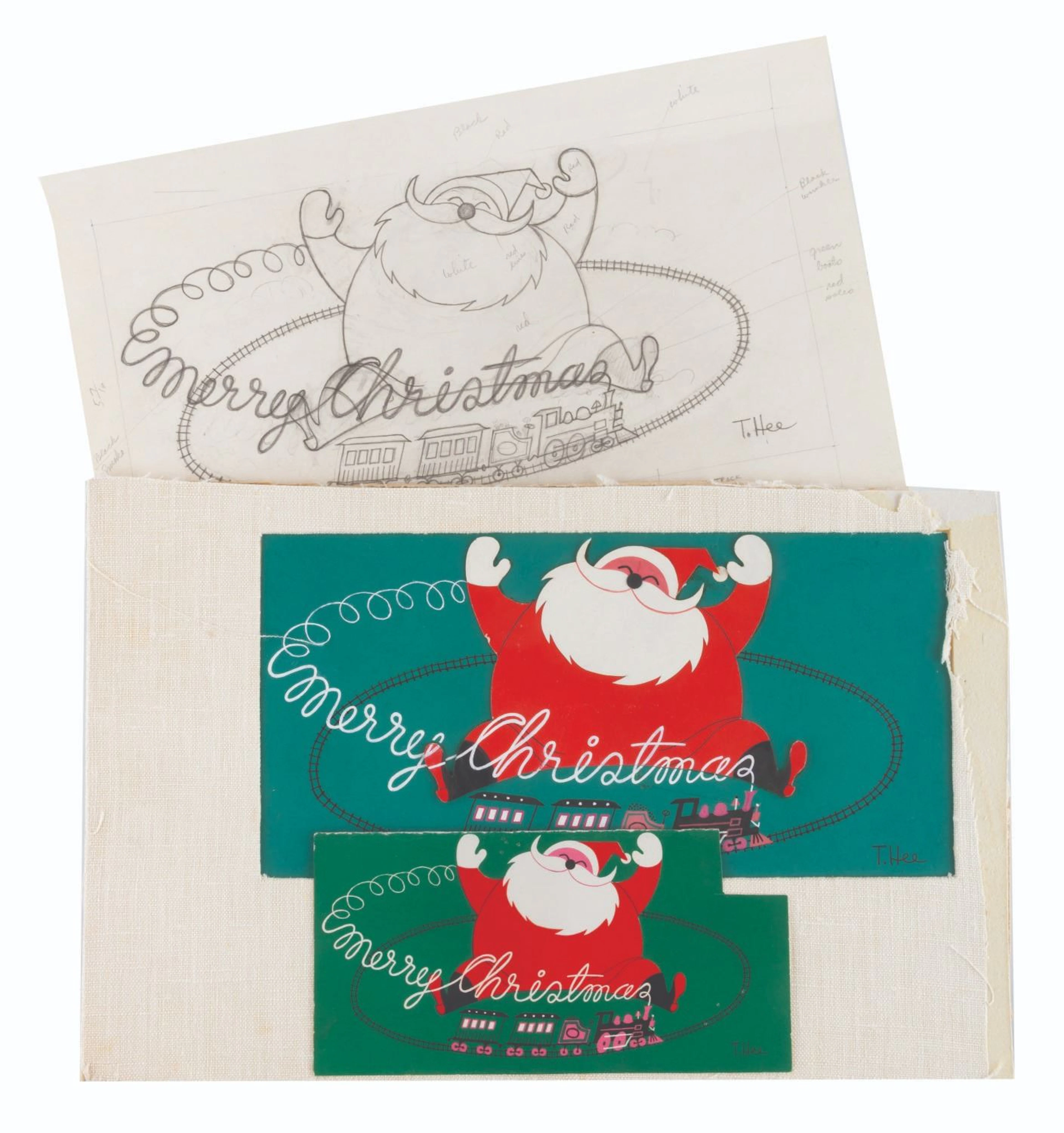 A Santa & Train T. Hee Christmas Card Design.