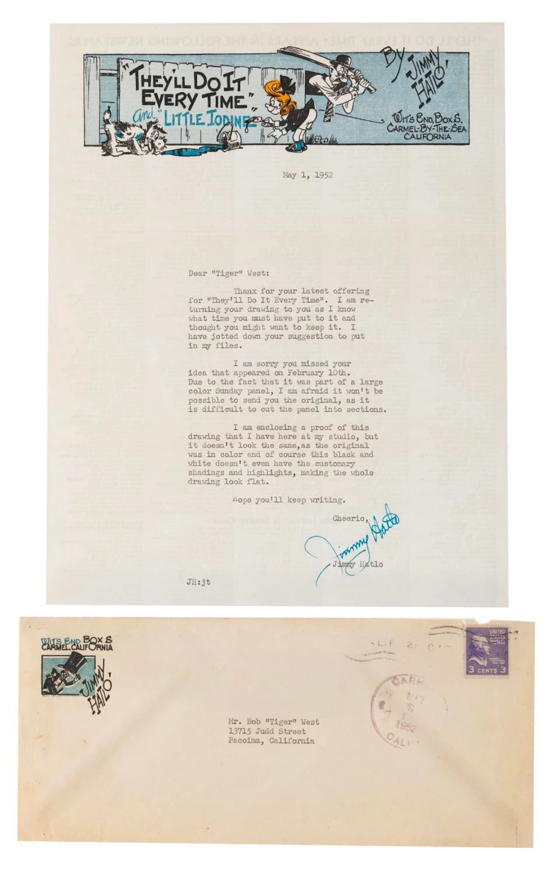 A Cartoonist Jimmy Halto Signed Letter.