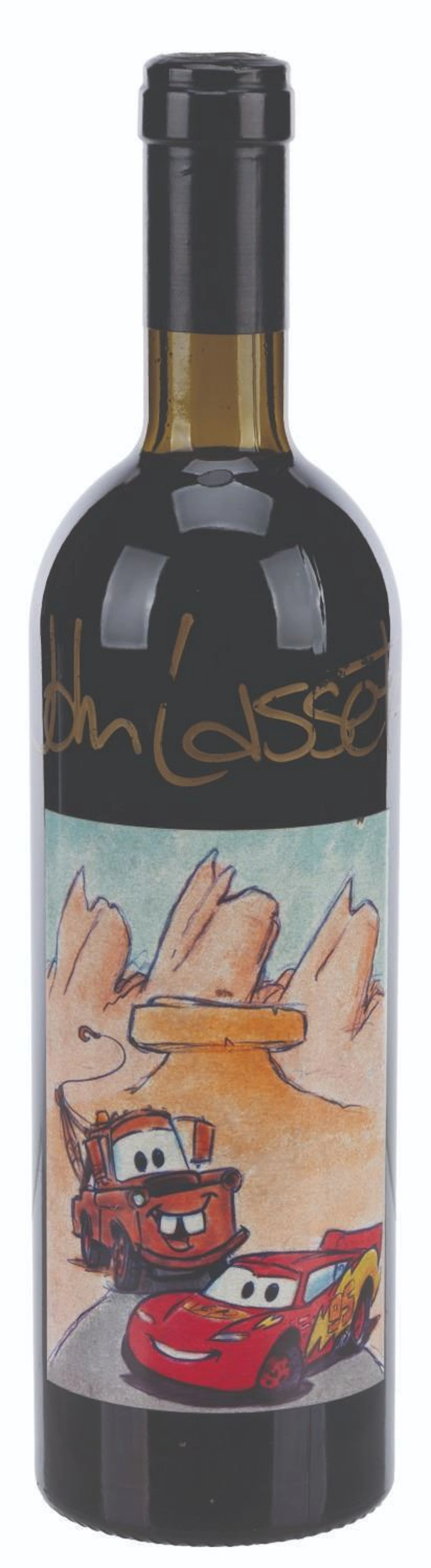 A John Lasseter Signed "Cars" Crew Gift Wine Bottle.