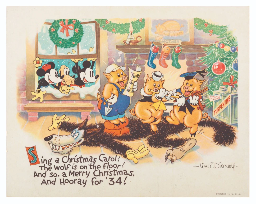 A 1933 Three Little Pigs Disney Studio Christmas Card.