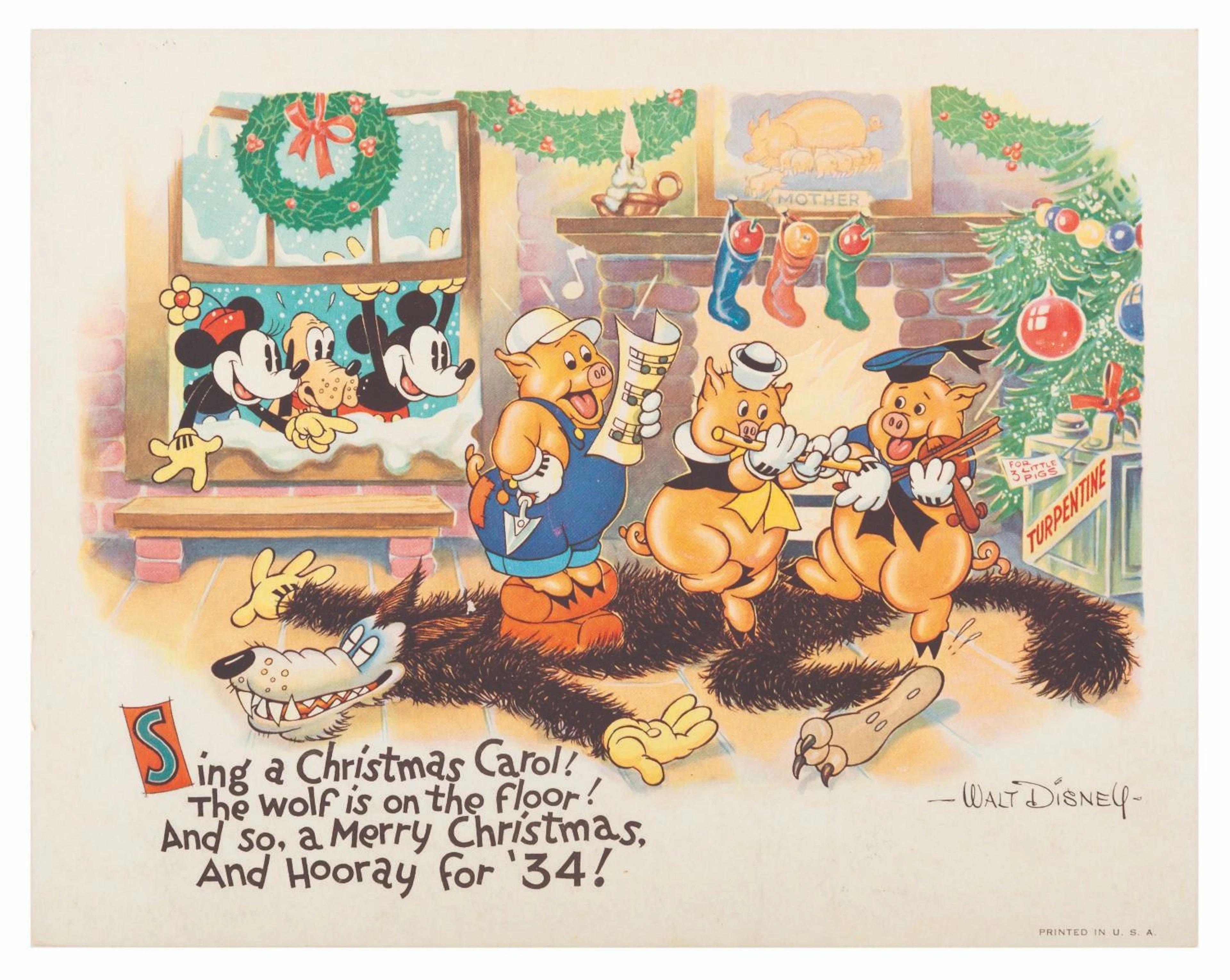A 1933 Three Little Pigs Disney Studio Christmas Card.