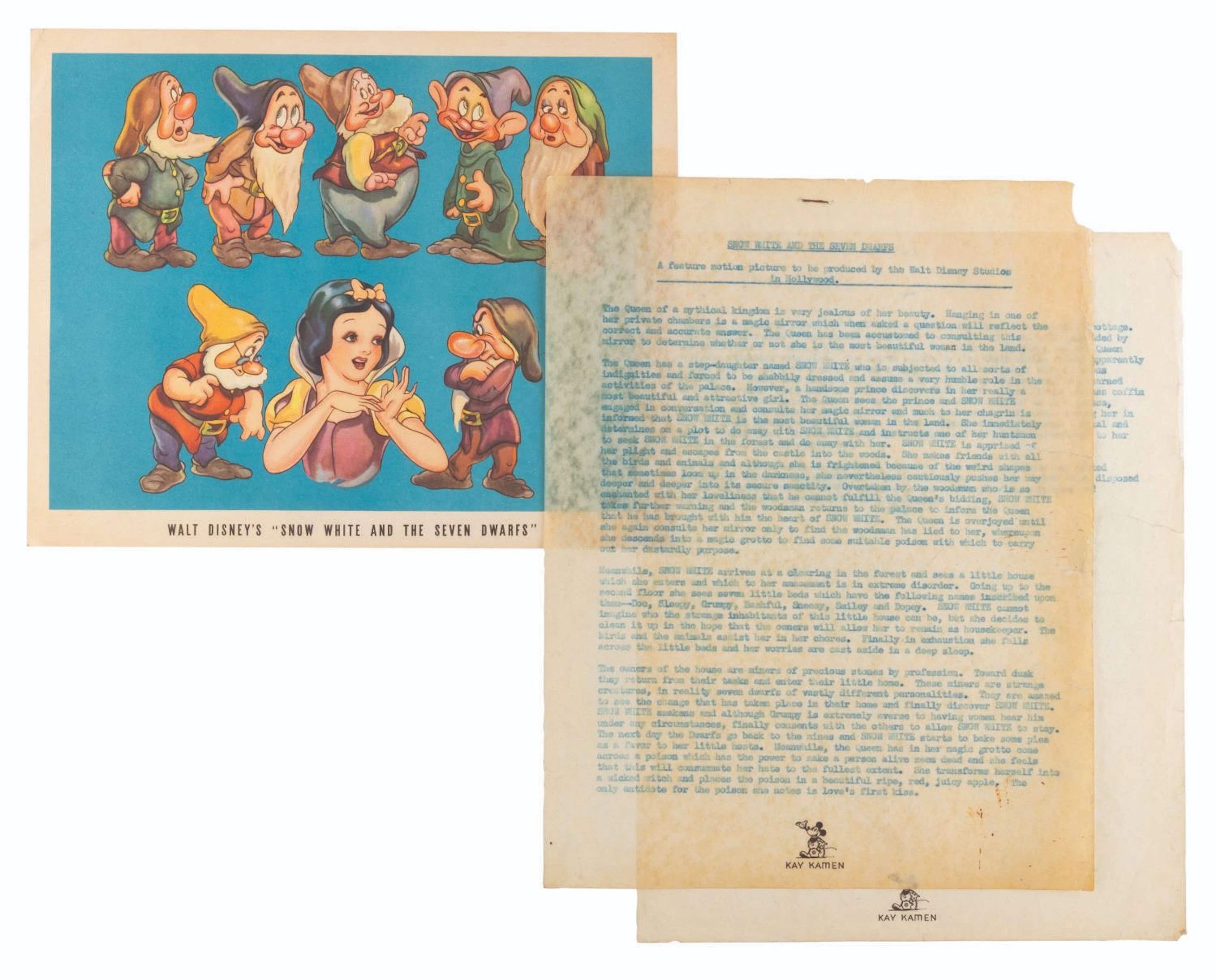 A Kay Kamen Pre-Release “Snow White” Synopsis and Early Fancard.