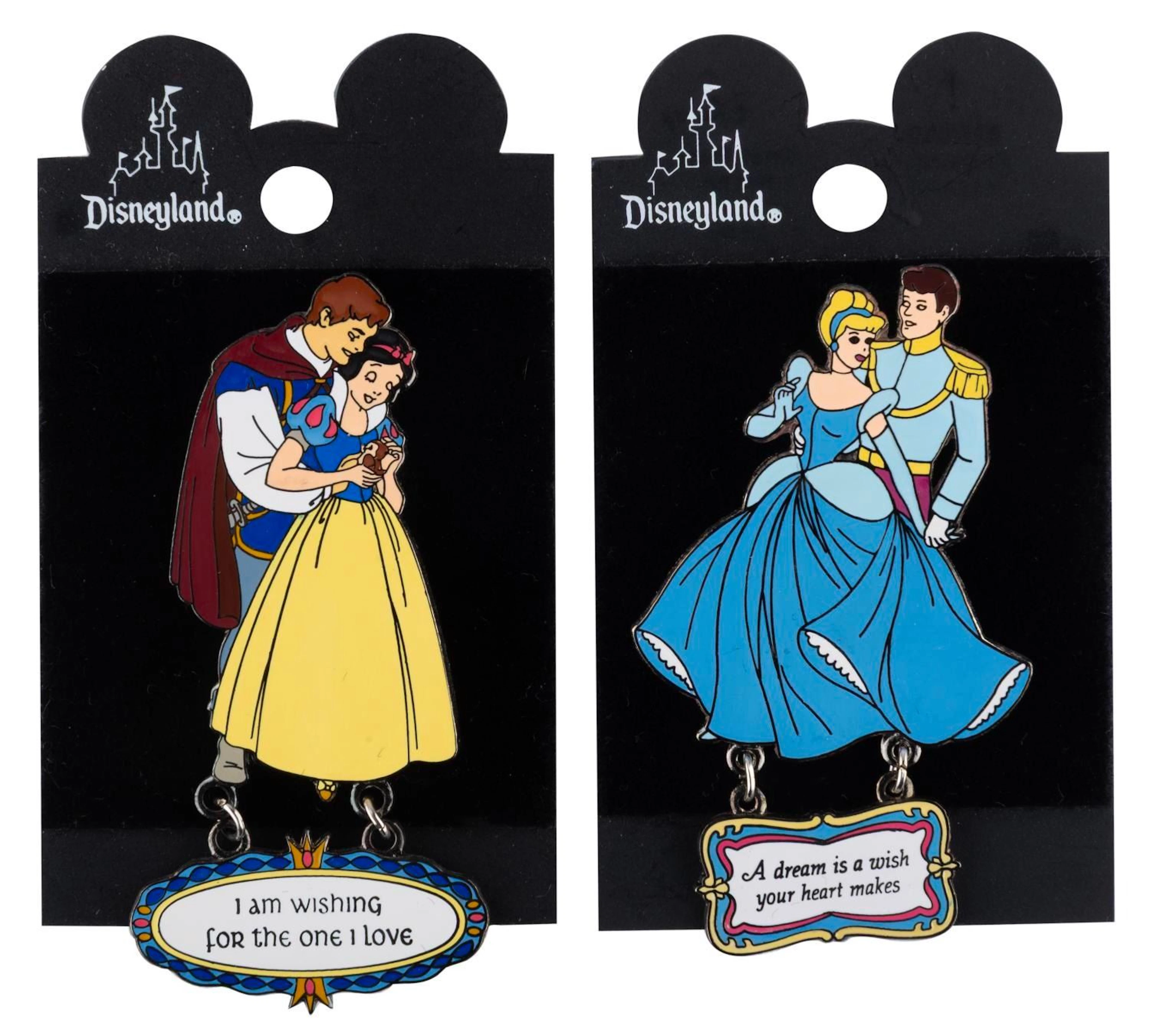 A Pair of Snow White and Cinderella Dancing with Princes Dangle Pins.