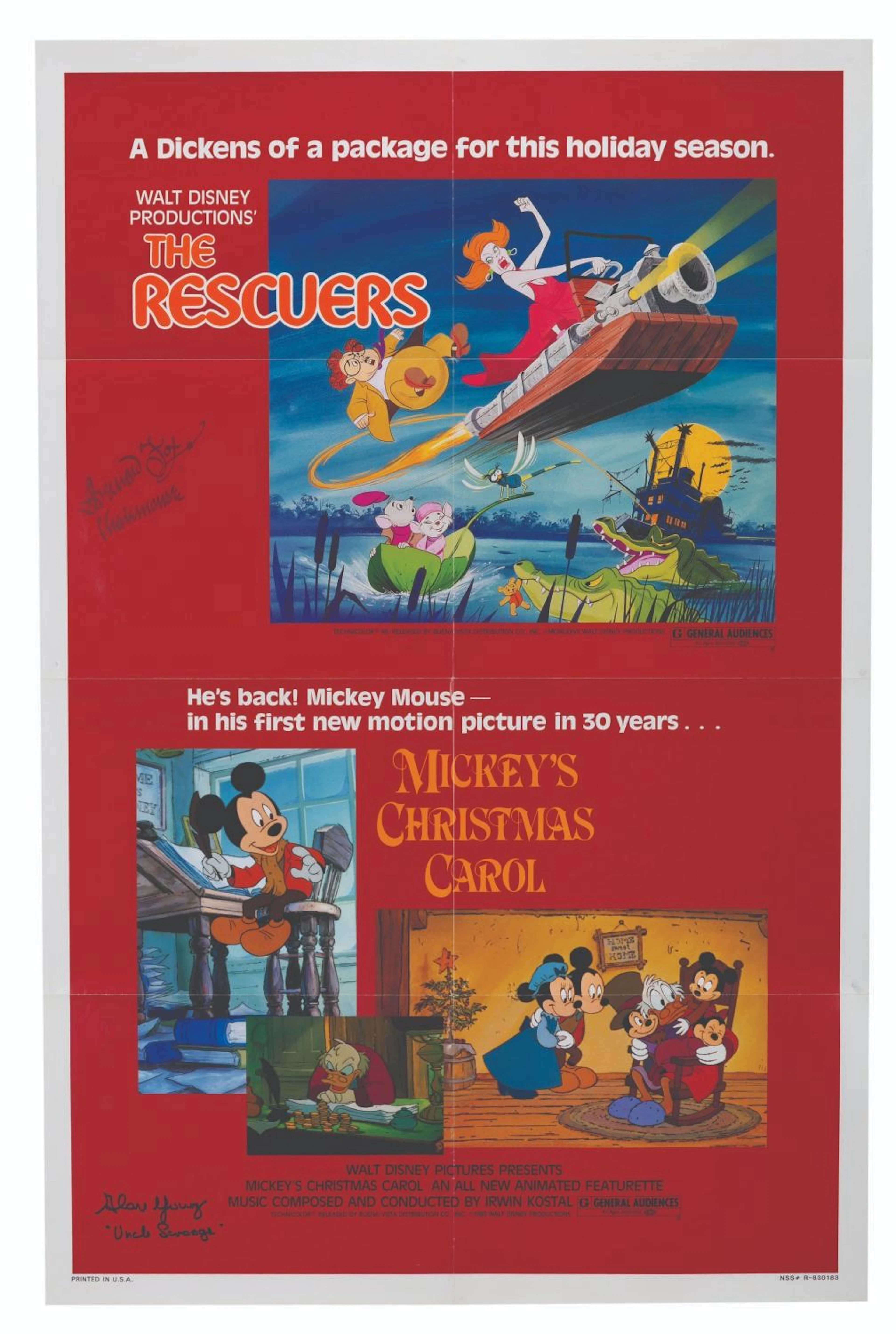 A Multi-Signed "The Rescuers" & "Mickey's Christmas Carol" One-Sheet.
