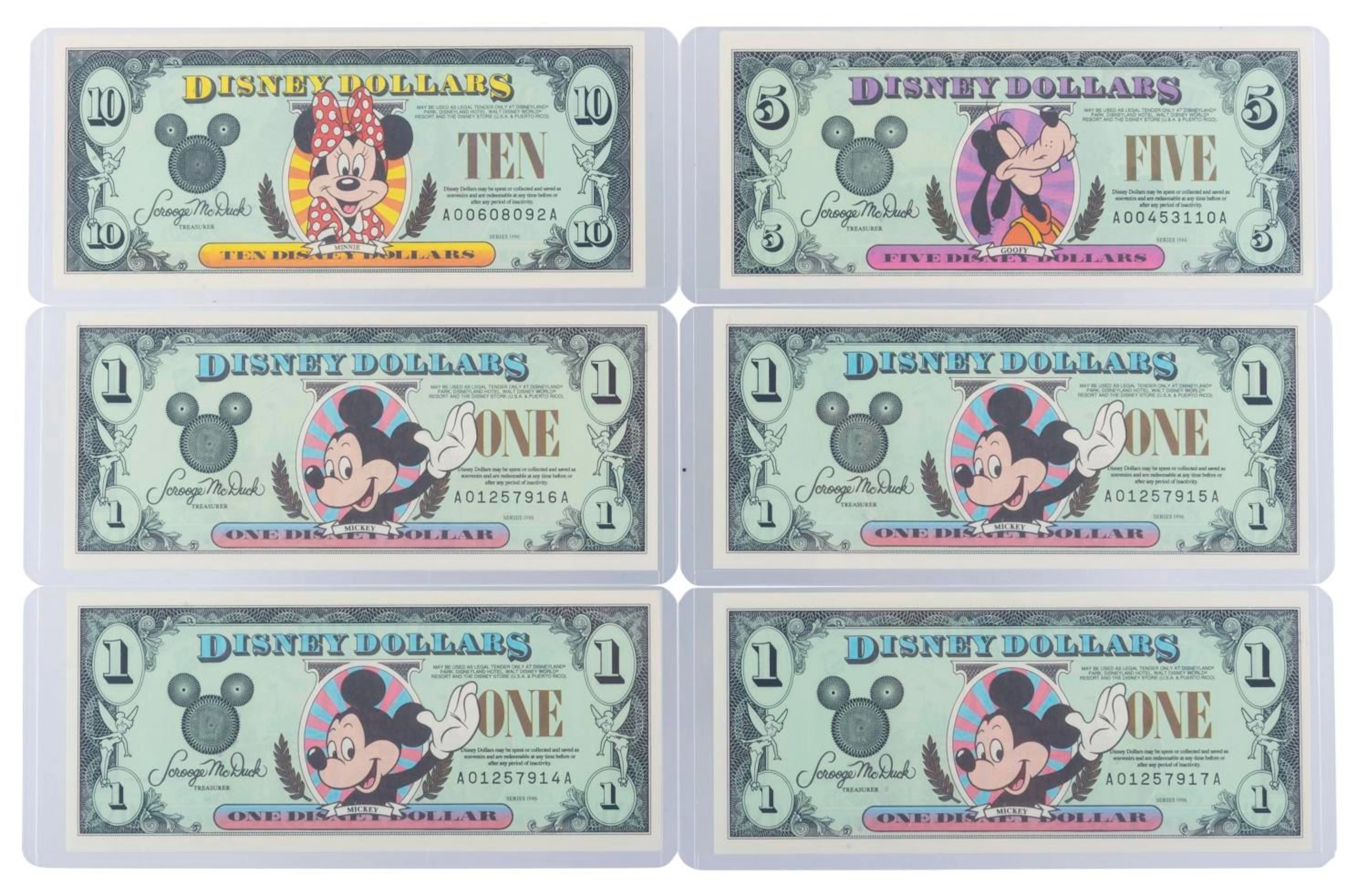 The Disneyland 1996 AA Series $1, $5, and $10 Bills.