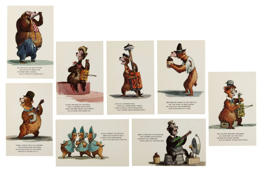 A Set of Country Bear Jamboree Marc Davis Postcards.
