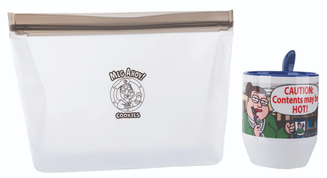 A Meg Ahoy! Cookies Pouch and a Caution Librarian Mug.