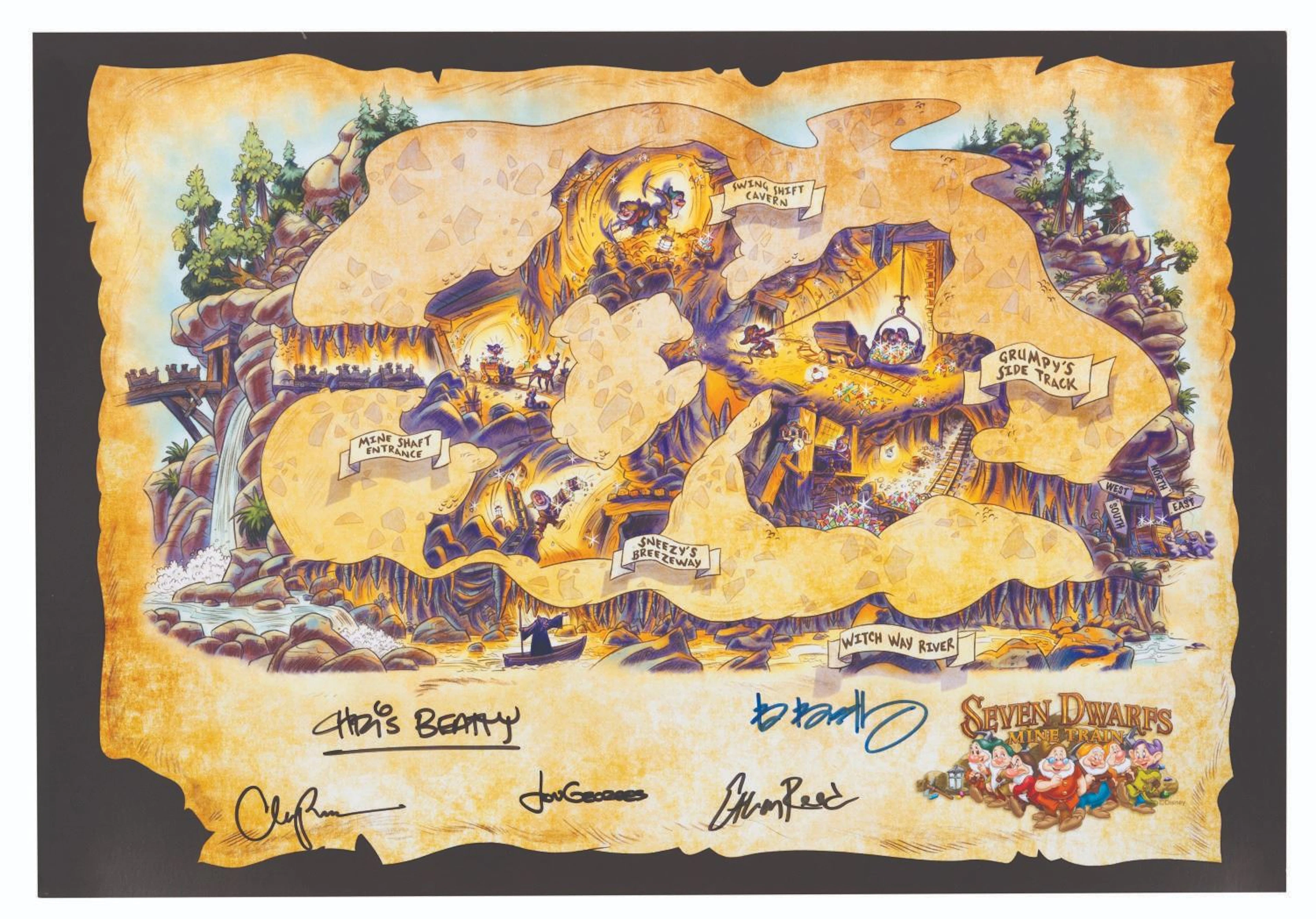 A Seven Dwarfs Mine Train Multi-Signed Map.