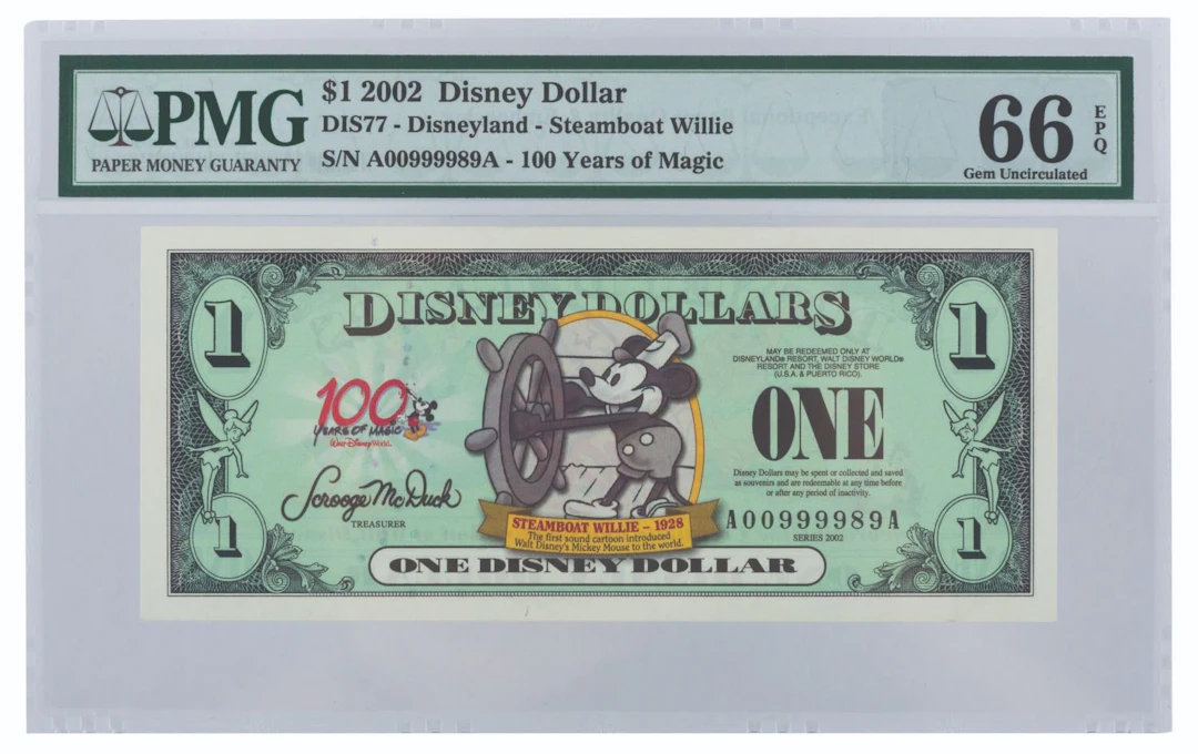 A $1 2002 Steamboat Willie Disney Dollar.