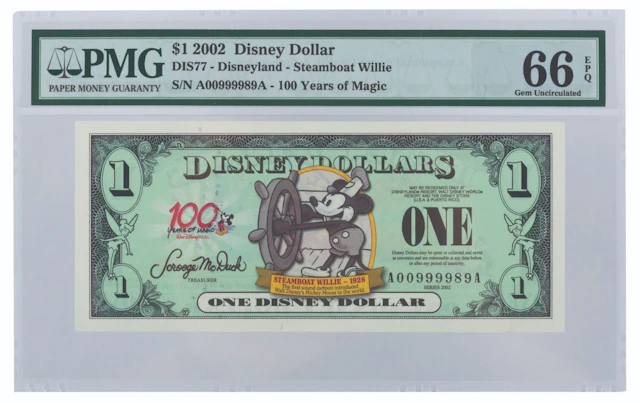 A $1 2002 Steamboat Willie Disney Dollar.
