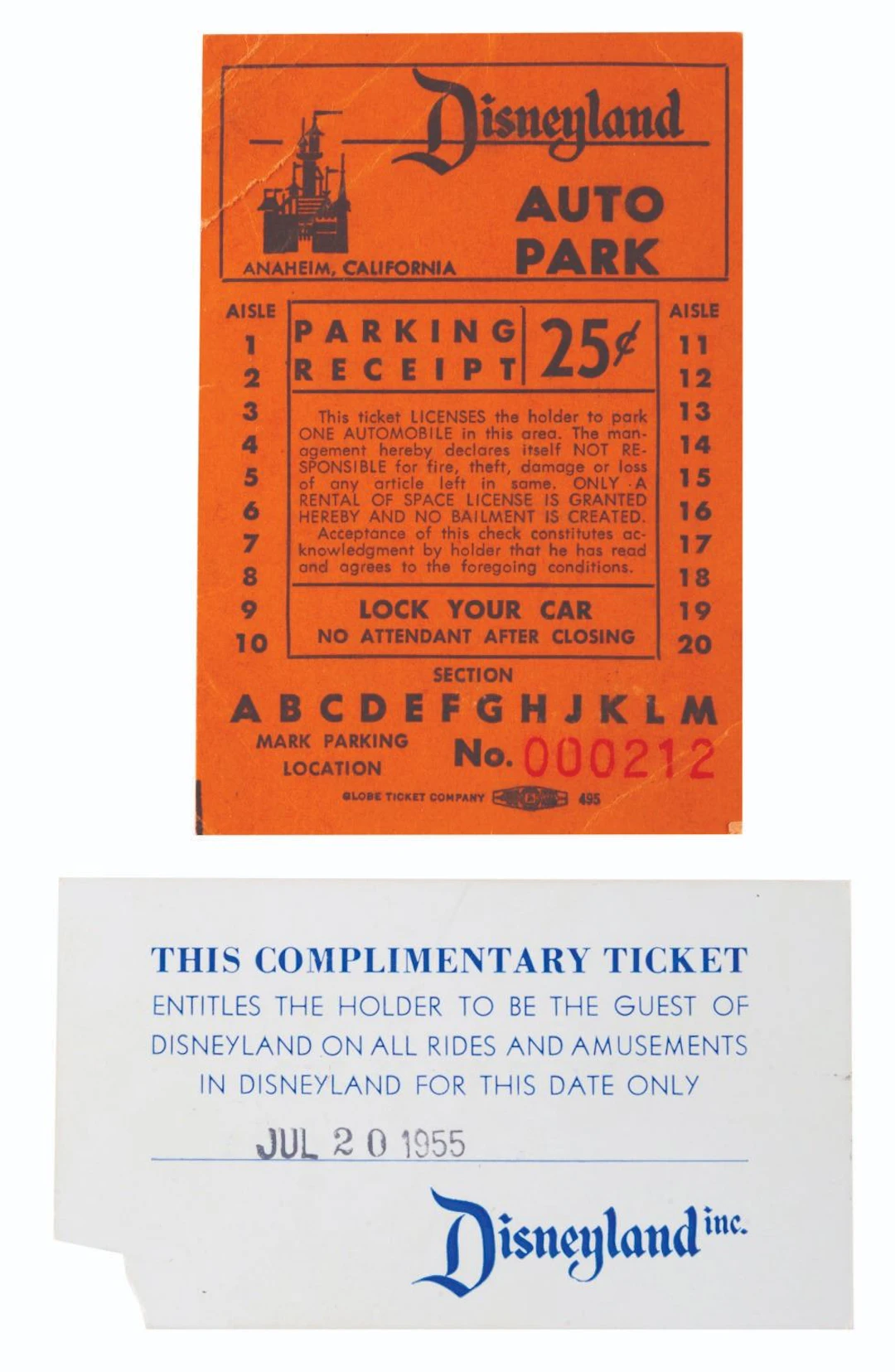 A Walt Disney Signed Disneyland Parking Ticket & Complimentary Ticket.