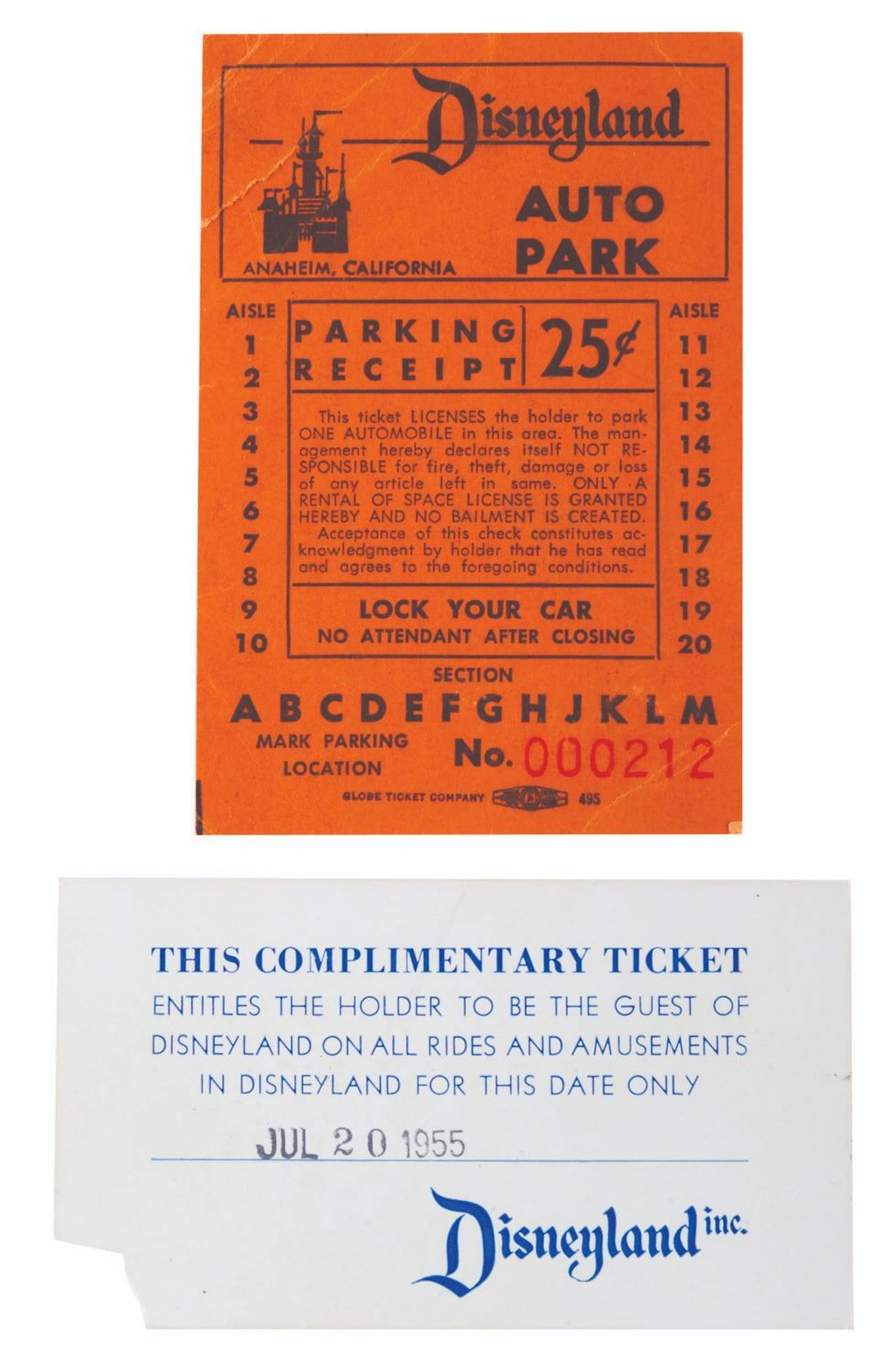 A Walt Disney Signed Disneyland Parking Ticket & Complimentary Ticket.