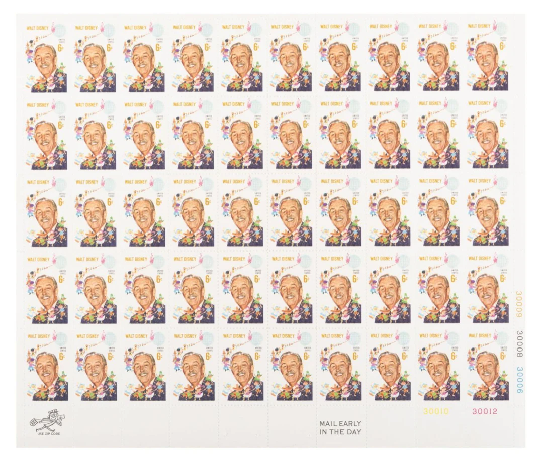 A Full Sheet of Walt Disney 6 Cent Stamps.
