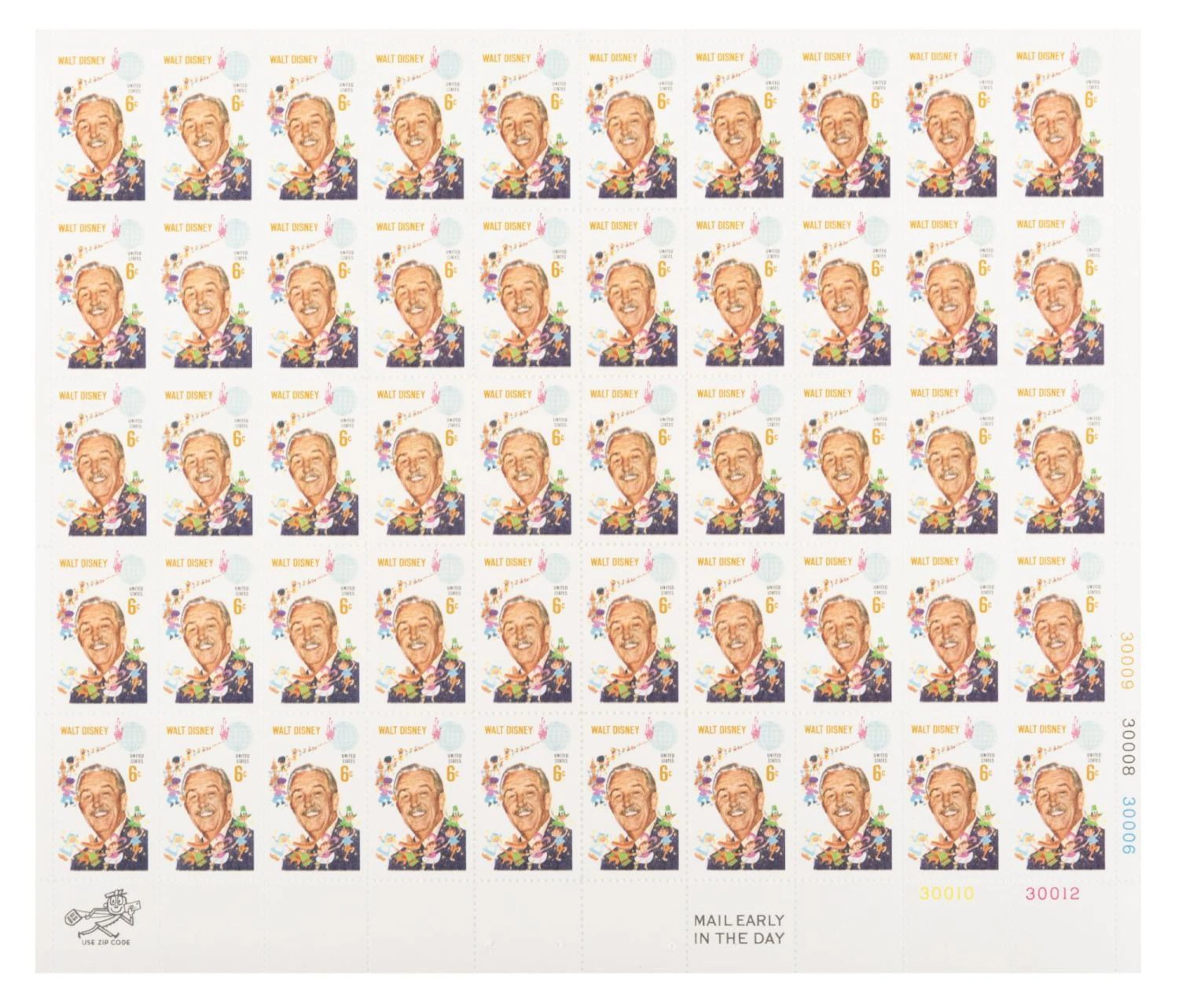 A Full Sheet of Walt Disney 6 Cent Stamps.