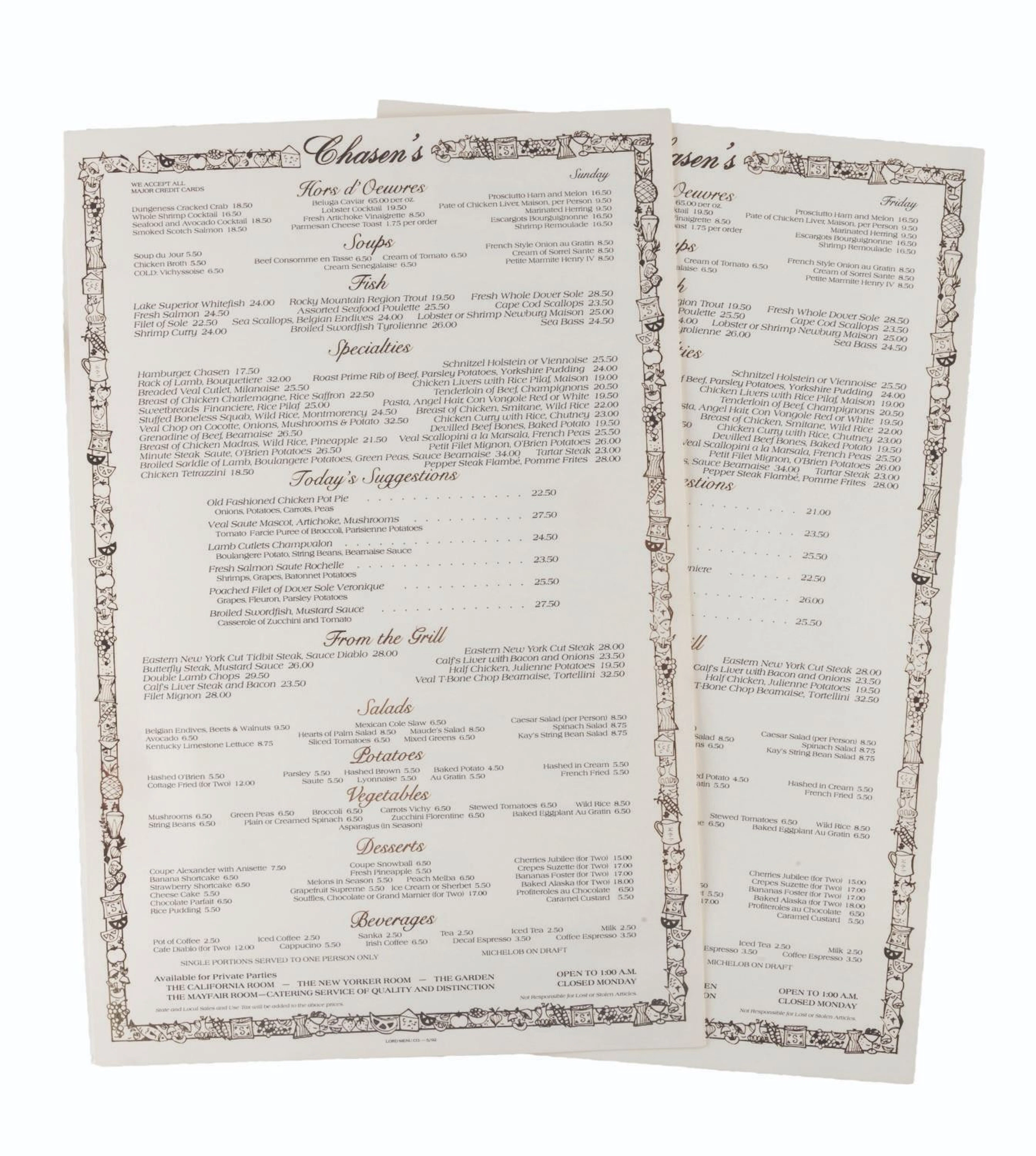 A Pair of Chasen's Restaurant Menus.