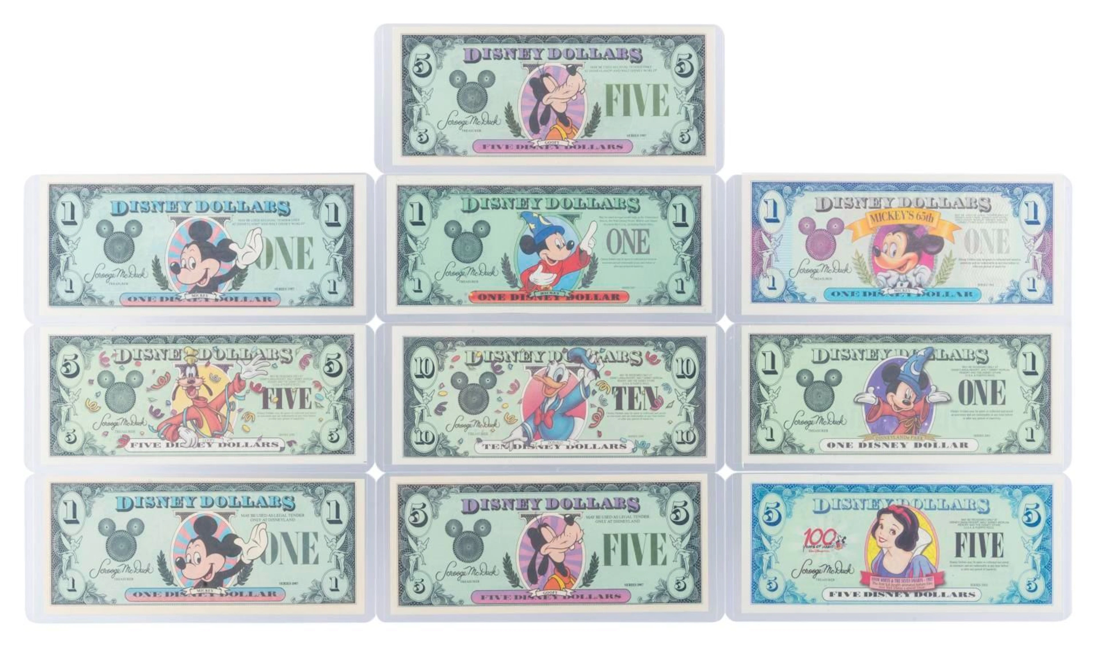 A Collection of 10 Disney Dollars with No Serial Numbers