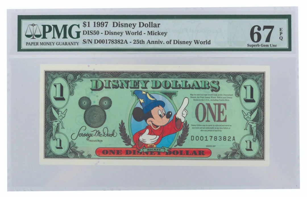 A $1 1997 Sorcerer Mickey Disney Dollar.