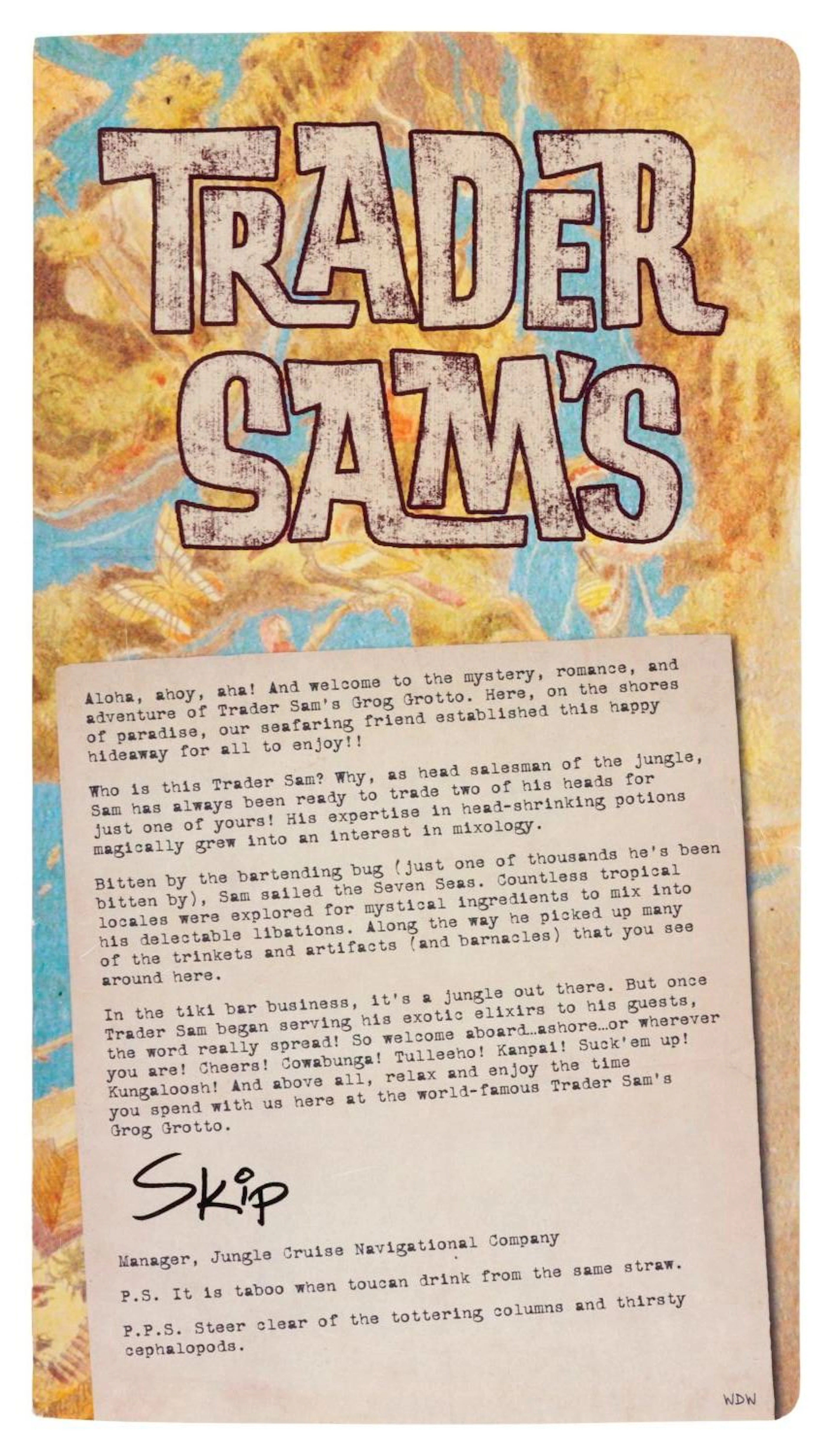 A Trader Sam's Grog Grotto Menu.