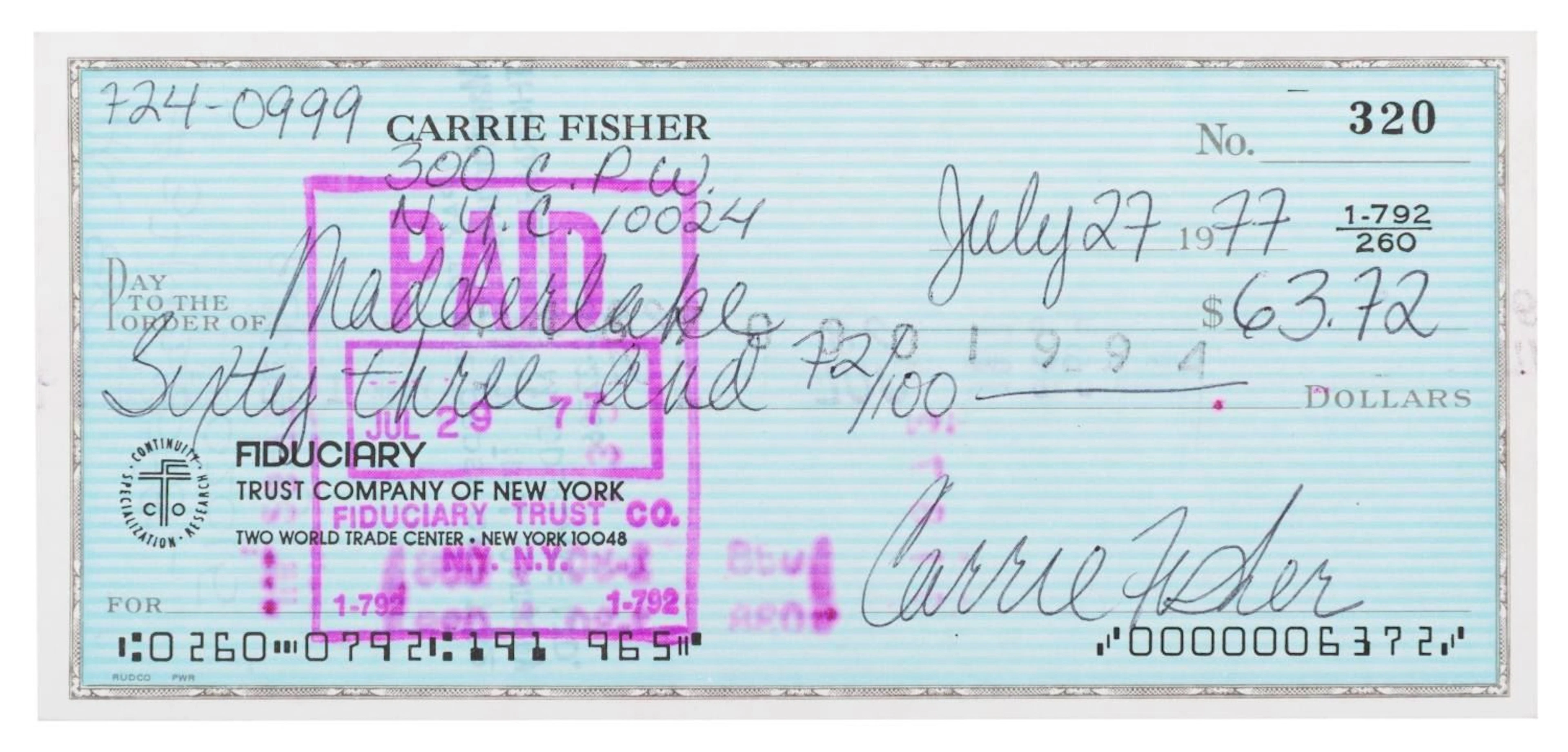 A Carrie Fisher Signed Check