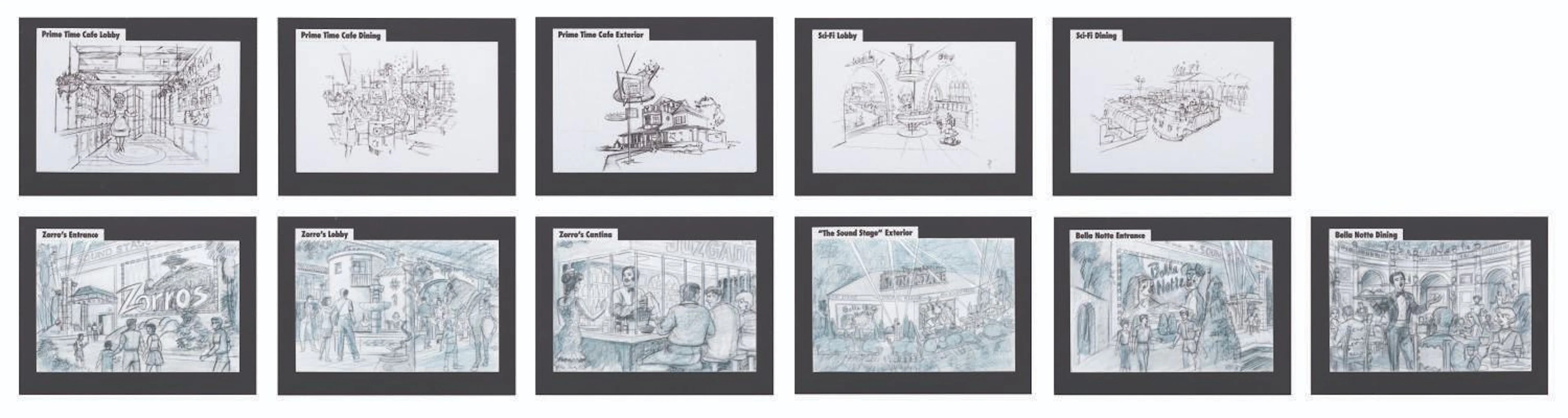A Set of Disney-MGM Studios Restaurant Concept Art Storyboards.