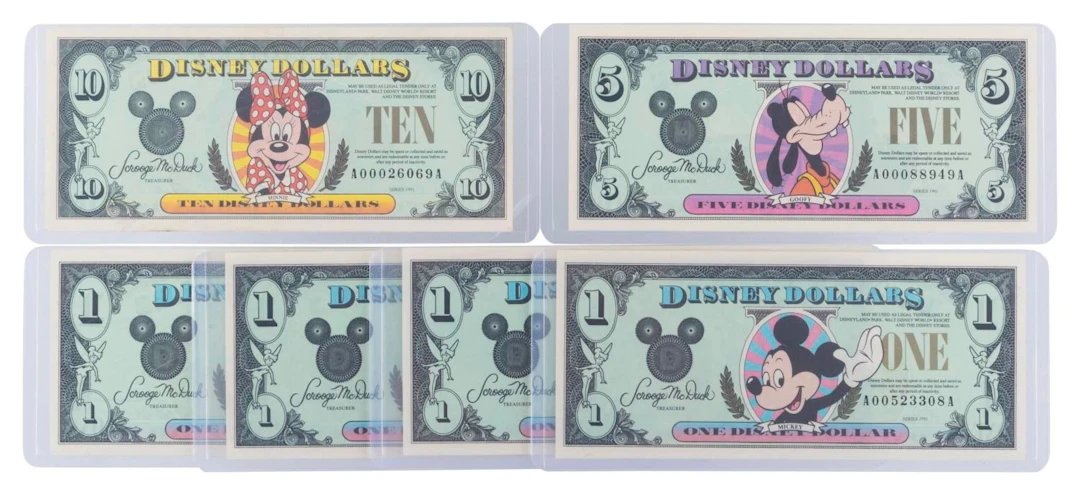 The Disneyland 1991 AA Series $1, $5, and $10 Bills.