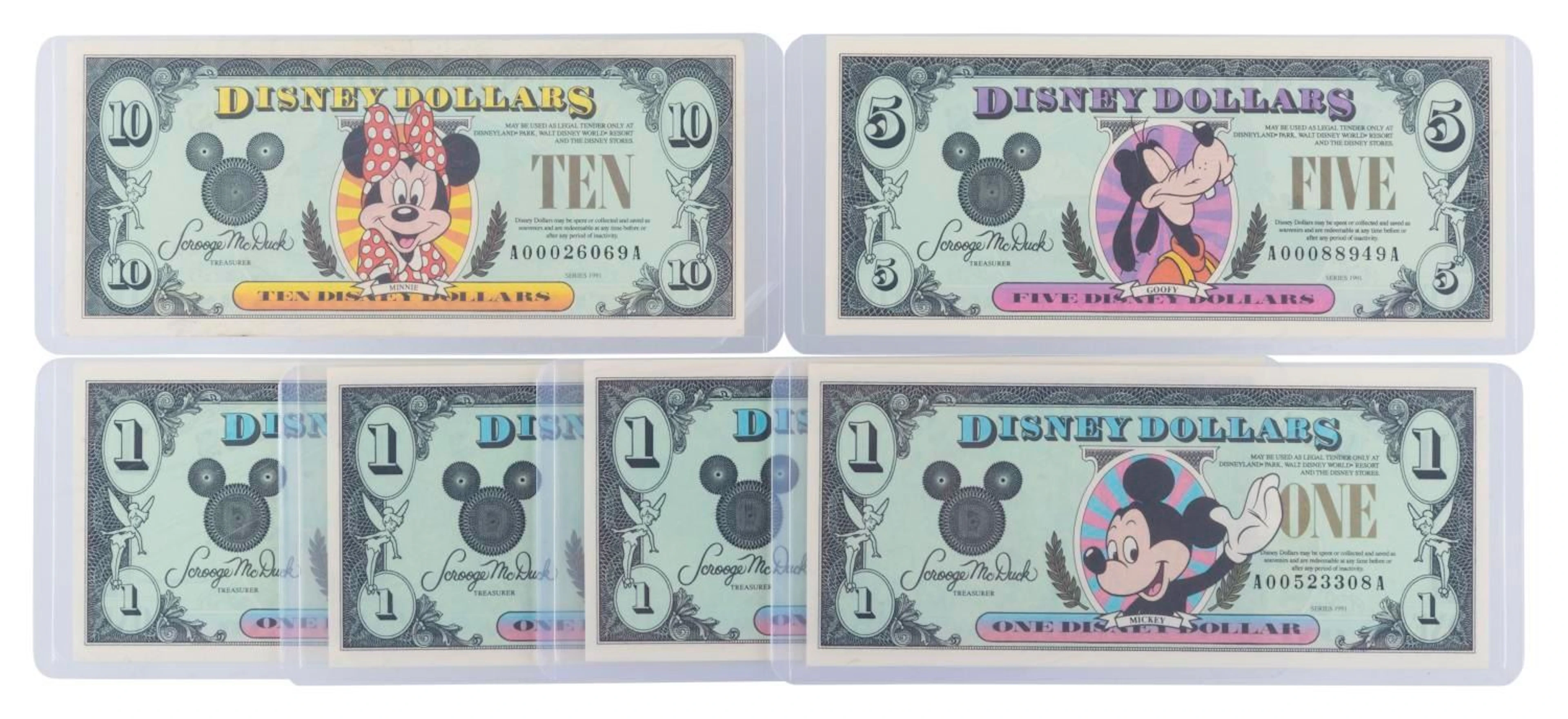 The Disneyland 1991 AA Series $1, $5, and $10 Bills.