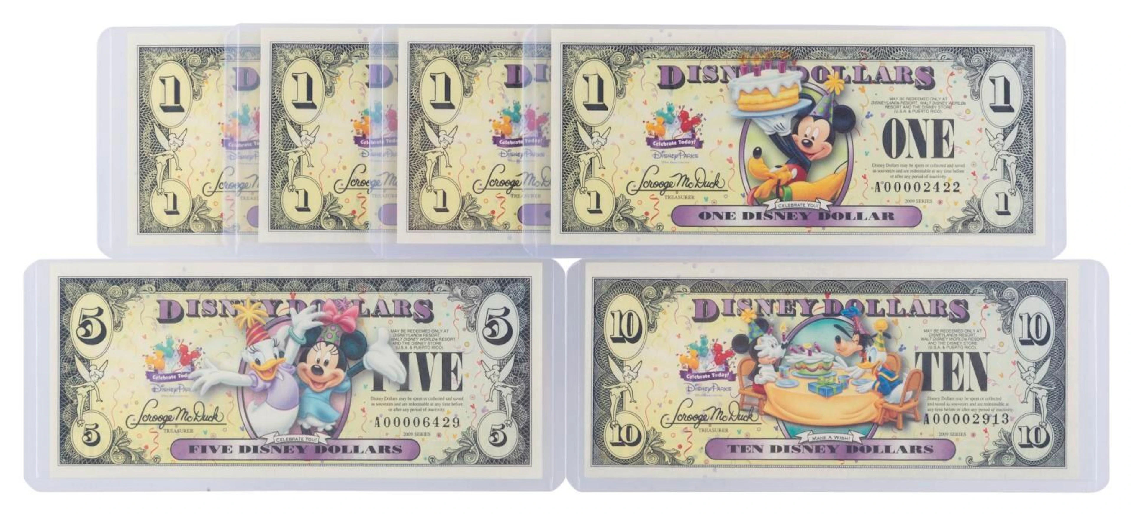 The 2009 Disney Dollars Celebrate Today Series $1, $5, and $10 Bills.