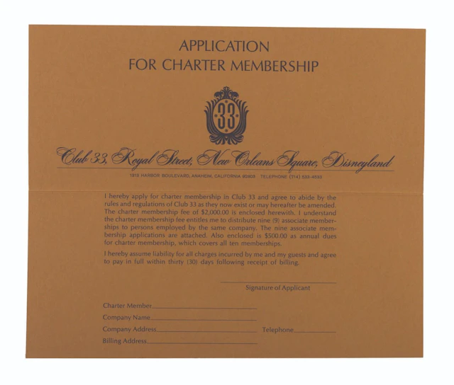 A Rare Club 33 Charter Membership Application.