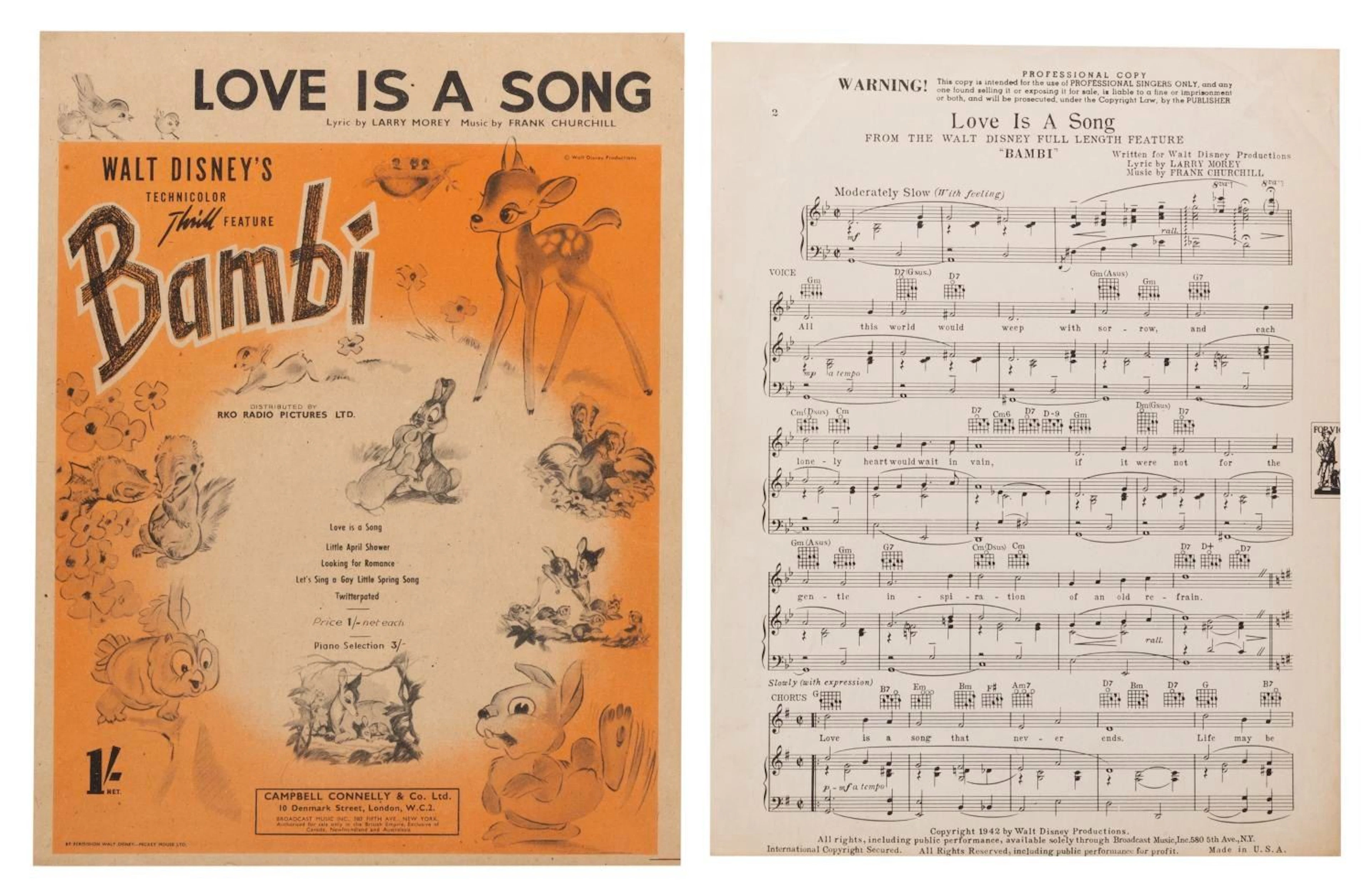 A Pair of "Bambi" Love is a Song Sheet Music.