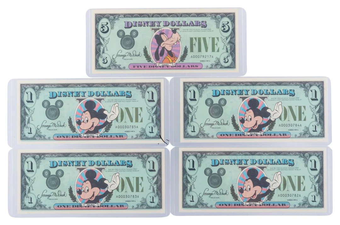 The Second Disneyland 1987 Series AA $1 and $5 Bills.